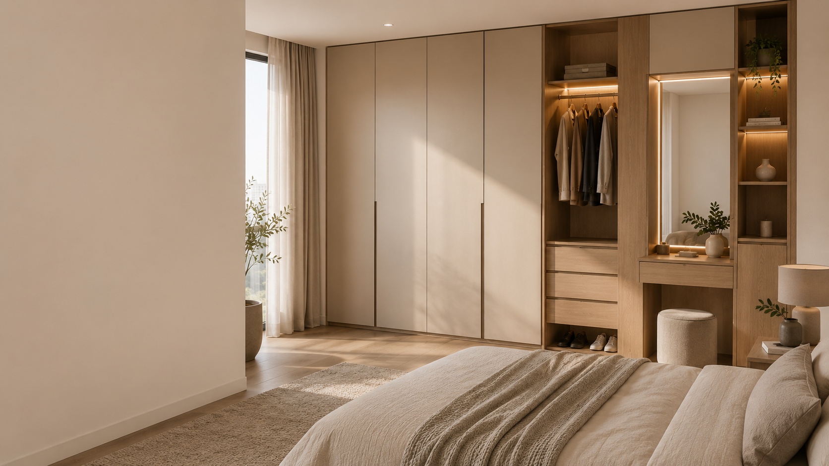 Mueble personalizado integrado a un ambiente residencial moderno, con acabados en madera y tonos neutros.