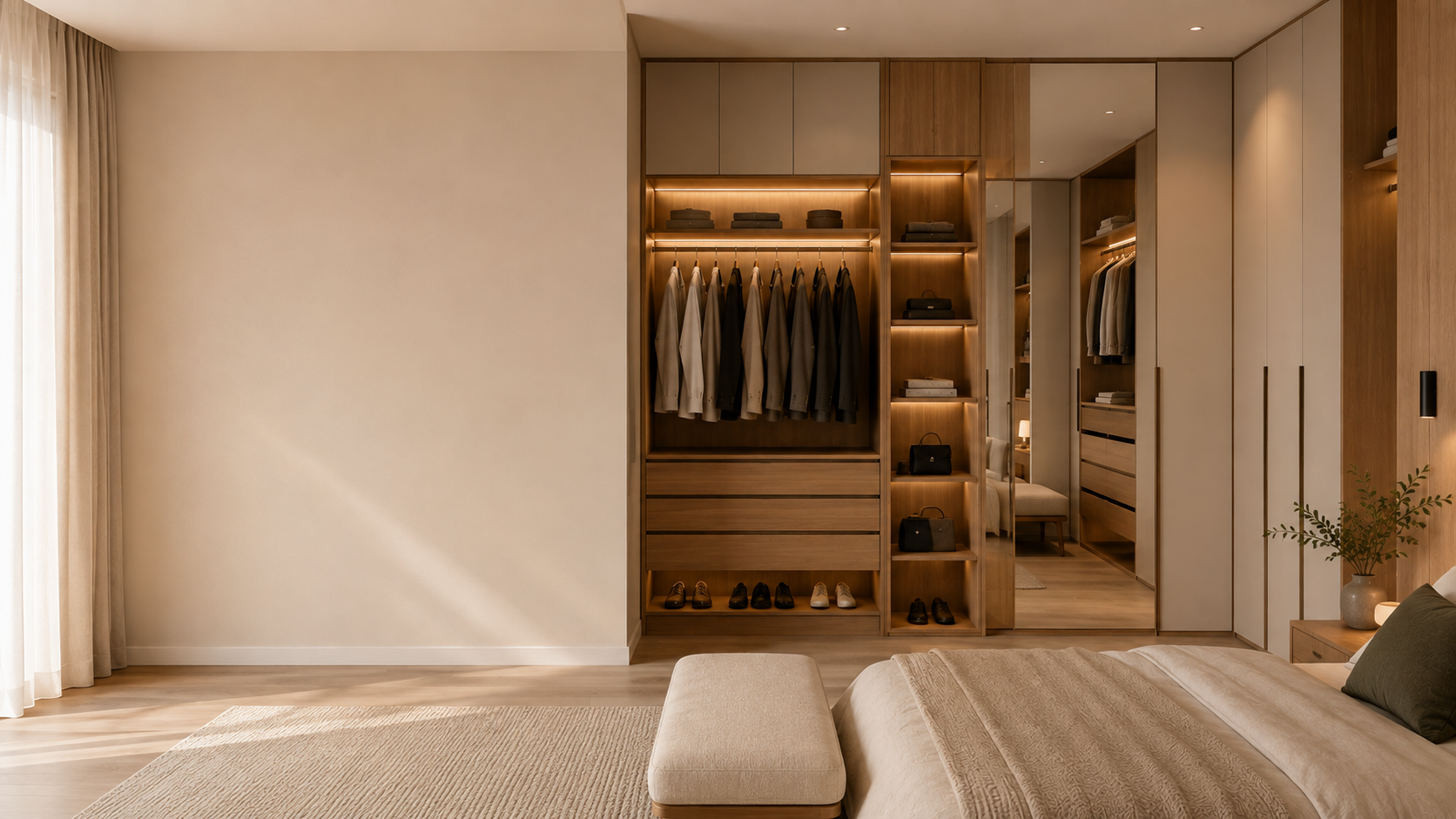 Ambiente moderno con mobiliario multifuncional y soluciones de almacenamiento integradas.