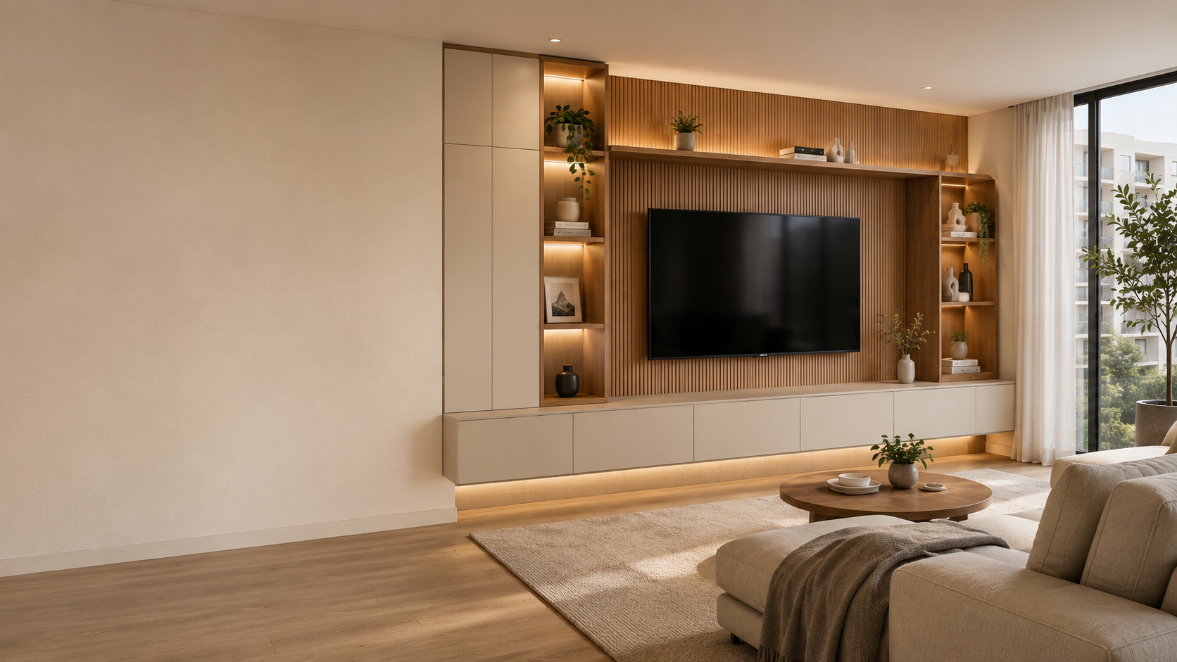 Ambiente interior contemporáneo con mobiliario a medida DECOR.IN, tonos cálidos y neutros, diseño moderno y elegante.