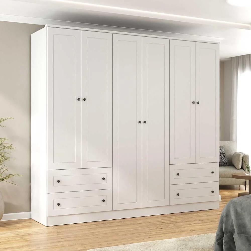 Clóset de 240 cm con 6 puertas y 4 cajones, blanco
