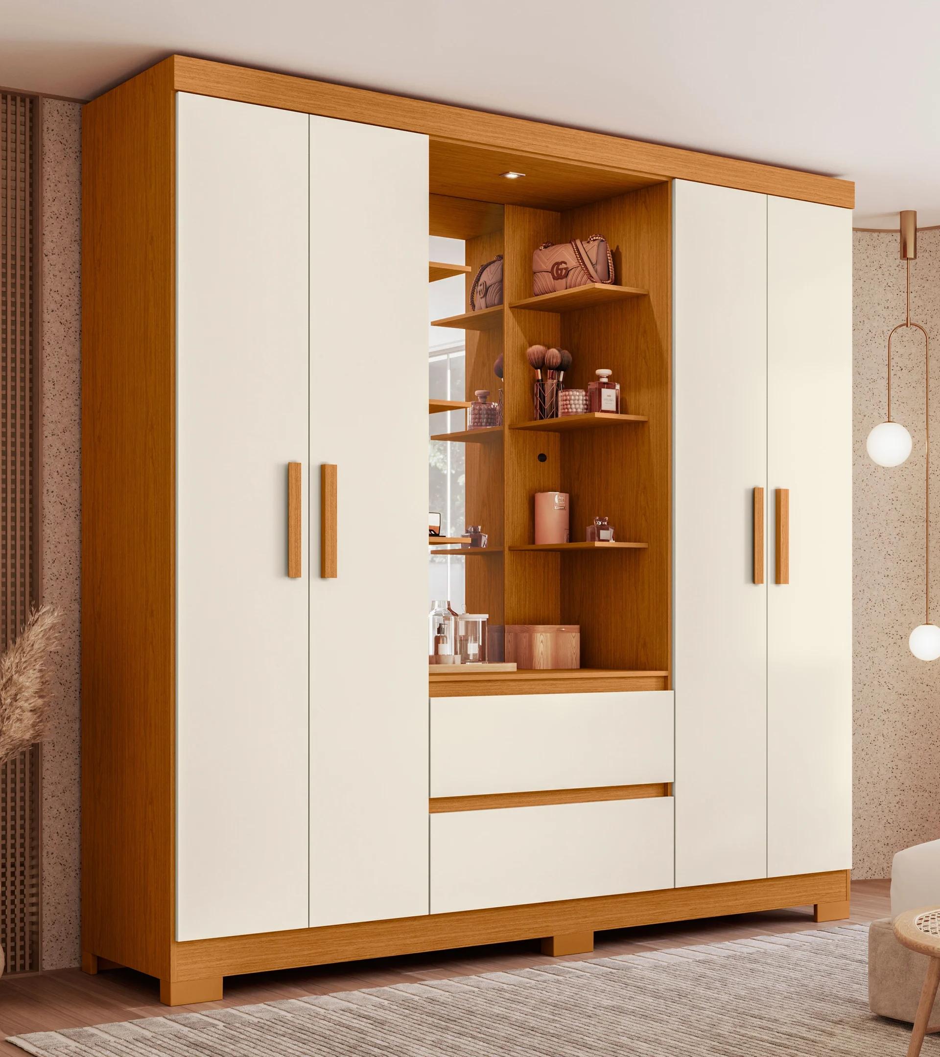 Clóset MDP de 4 puertas, blanco hueso y cinamomo