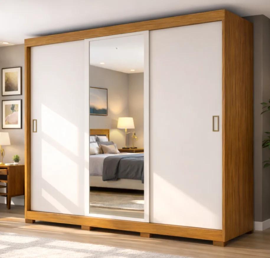 Clóset MDP de 3 puertas corredizas, 2 espejos y 4 cajones