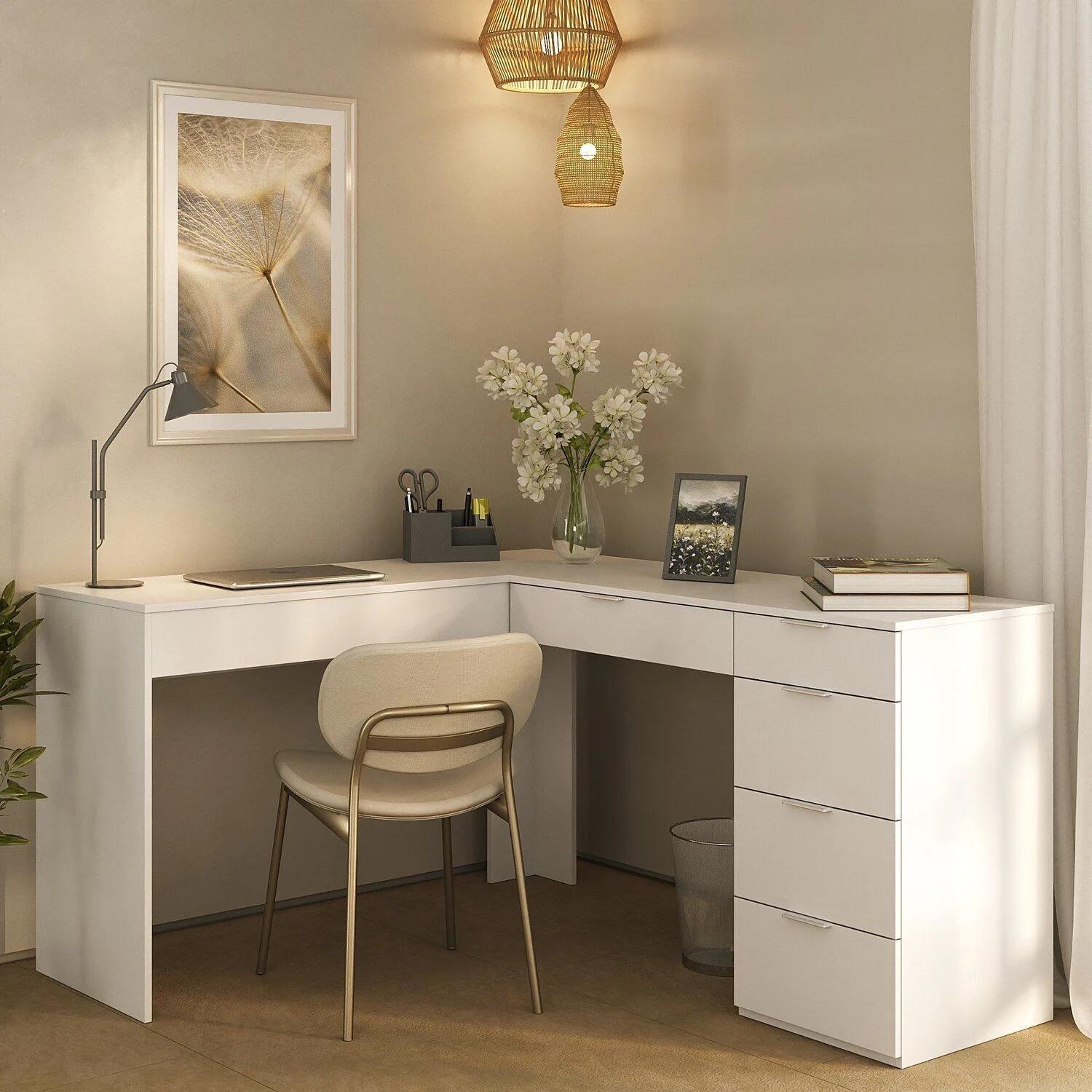 Escritorio en L de 152 cm con 5 cajones, blanco