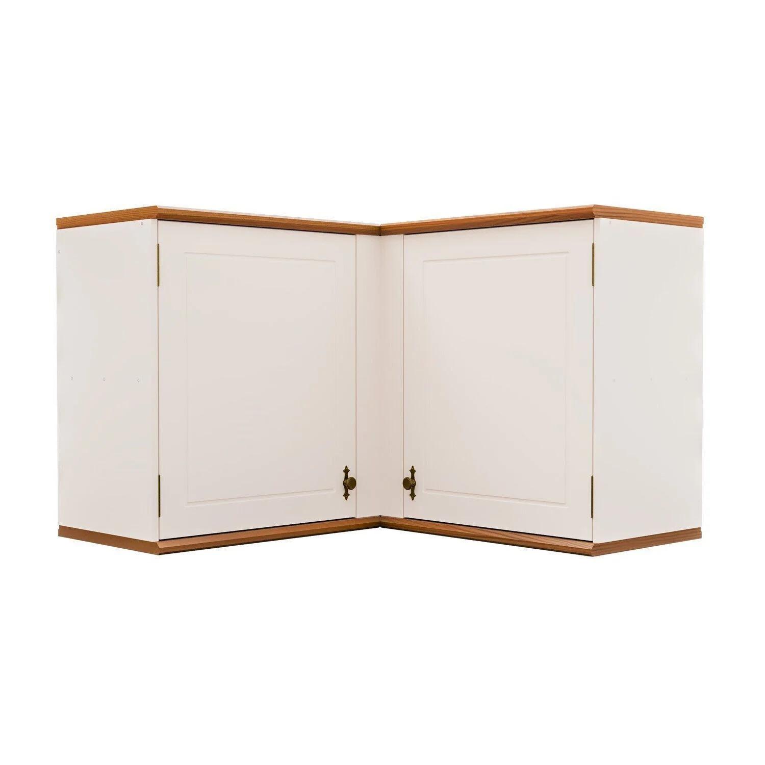 Aéreo de cocina esquinero de 2 puertas con cubierta y base de madera maciza, blanco y blanco hueso