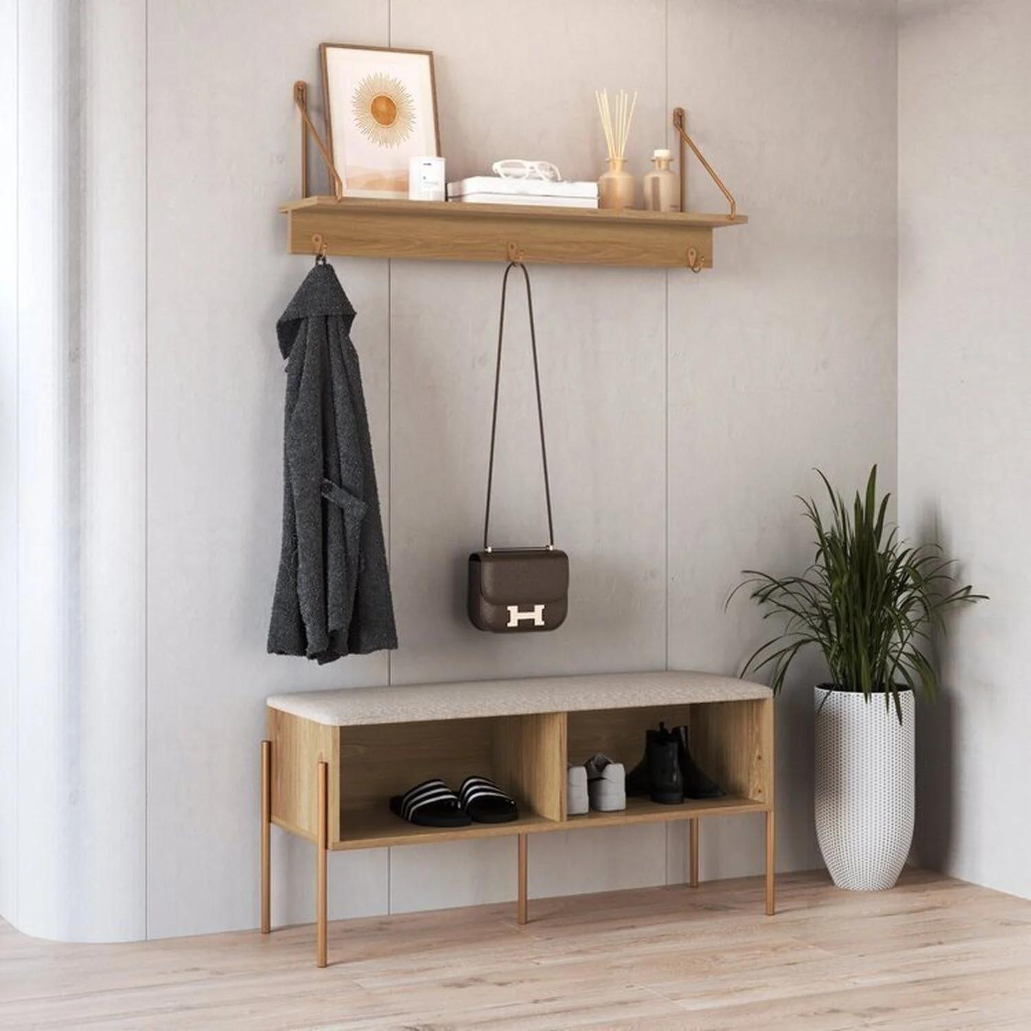 Conjunto Zapatero con Banco Tapizado y Repisa, Base Metálica