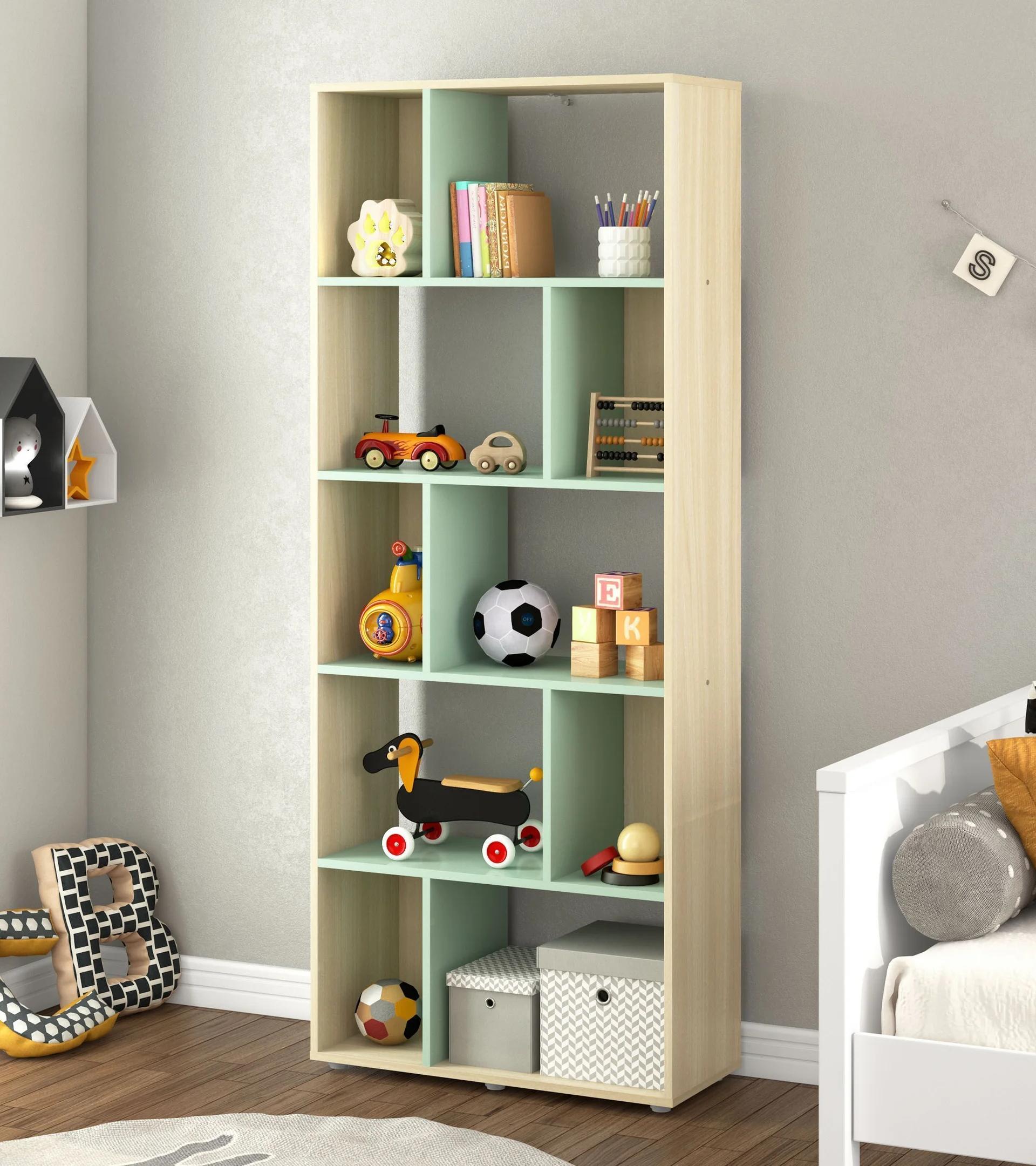Estantería Infantil Multifuncional con 10 Nichos, Beige/Marrón/Menta