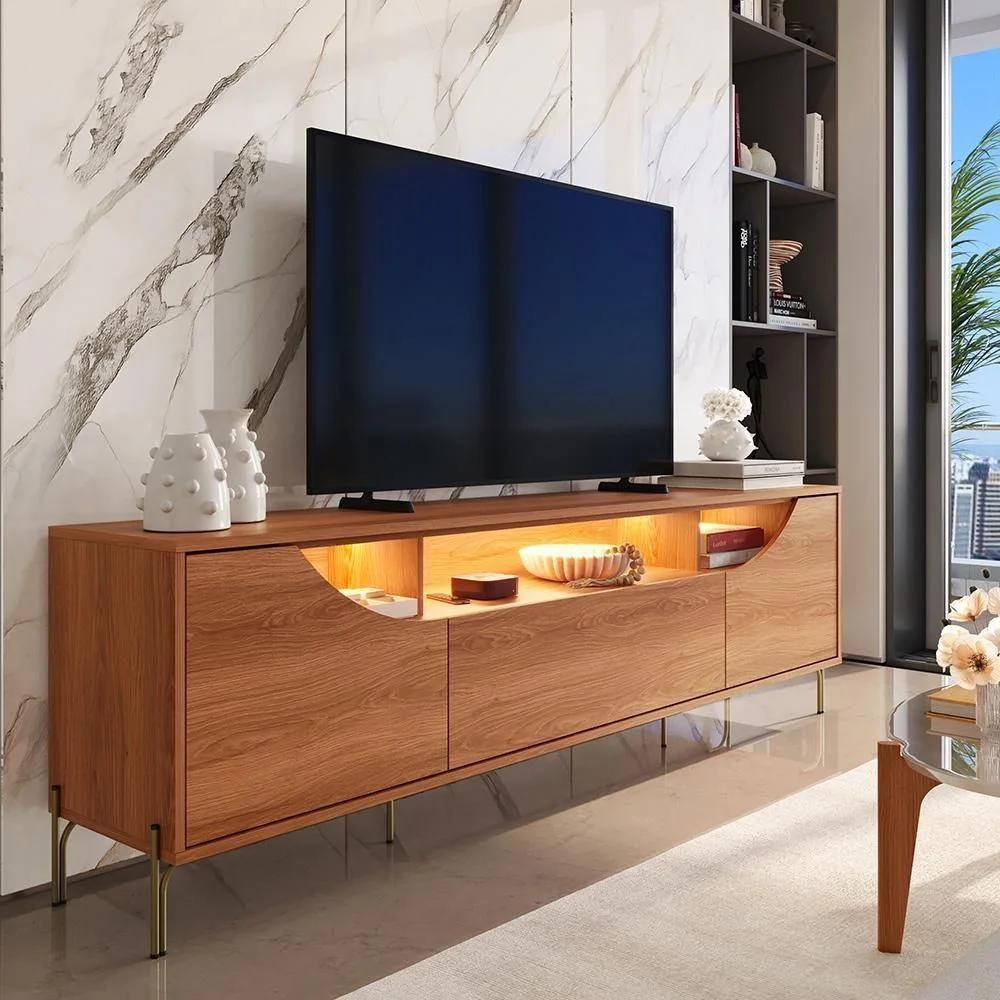 Mueble para TV hasta 75 Pulgadas con LED, Puertas en MDF, Cajón Telescópico y Patas de Hierro