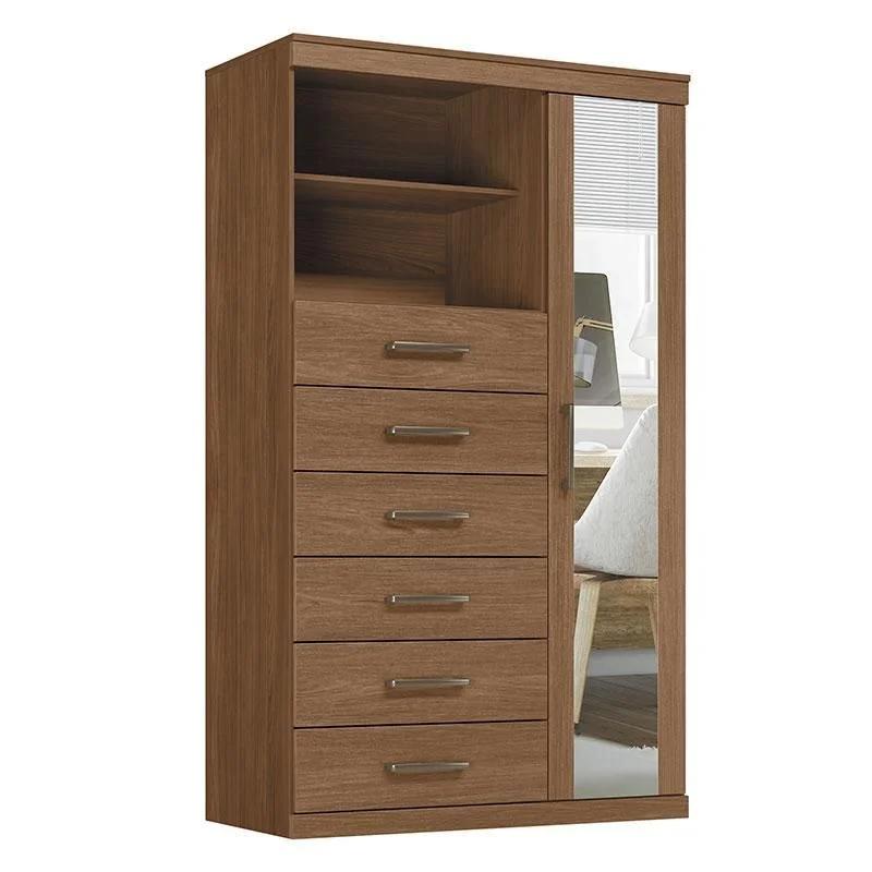 Cómoda de 1 puerta y 6 cajones con espejo, acabado satinado