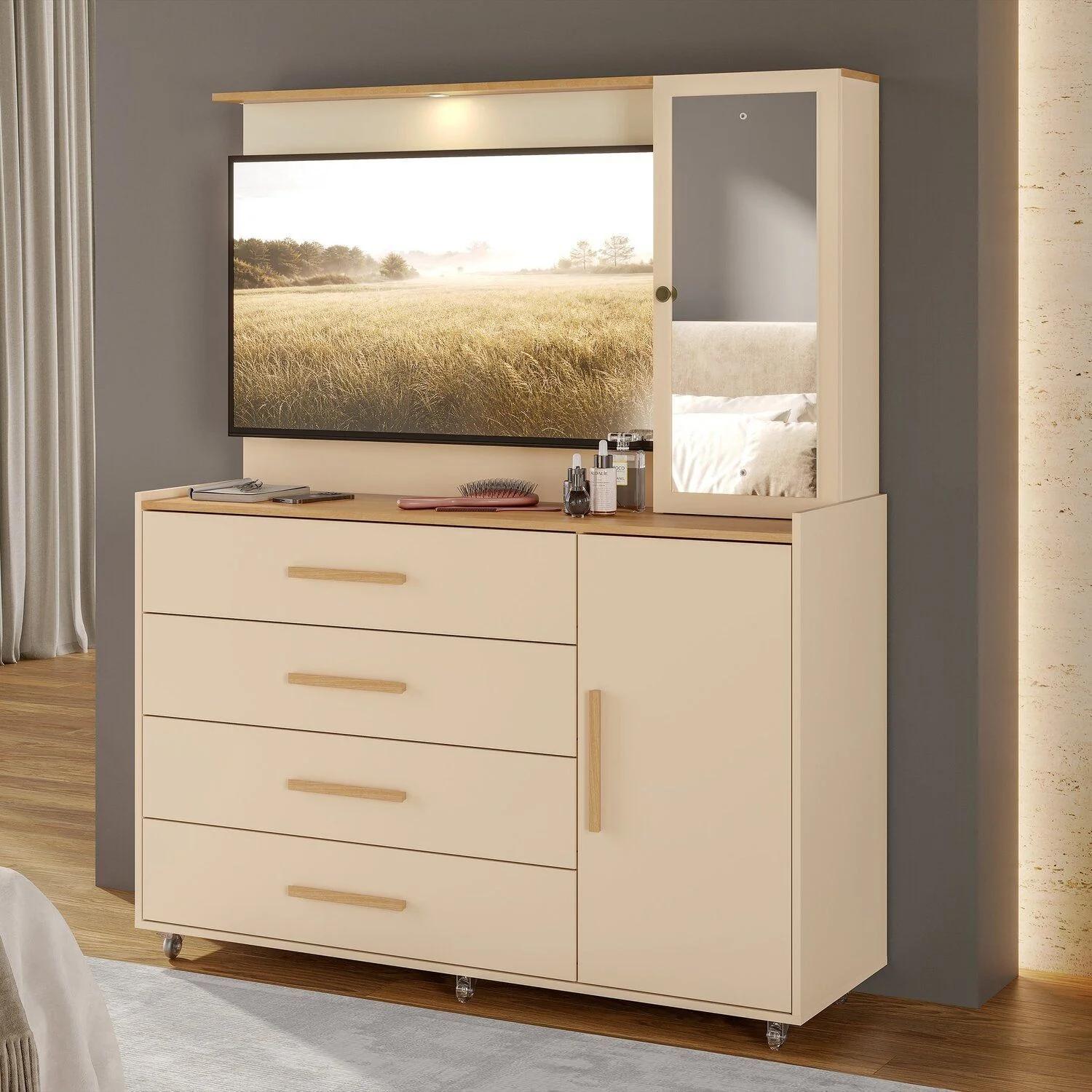 Cómoda de 2 Puertas y 4 Cajones con Espejo en Beige, Blanco Hueso y Ámbar