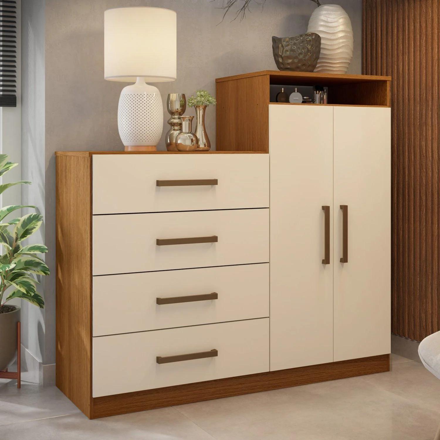 Cómoda de 2 Puertas y 4 Cajones en Beige, Almendra y Blanco Hueso