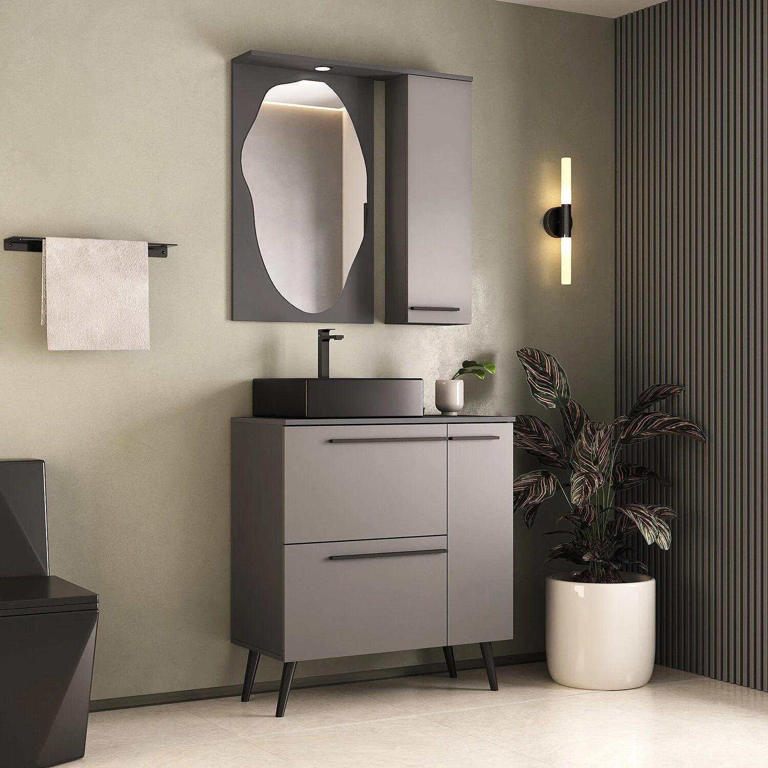Conjunto de Baño con Gabinete, Lavamanos y Espejo, 80 cm, en Gris, Grafito y Ahumado
