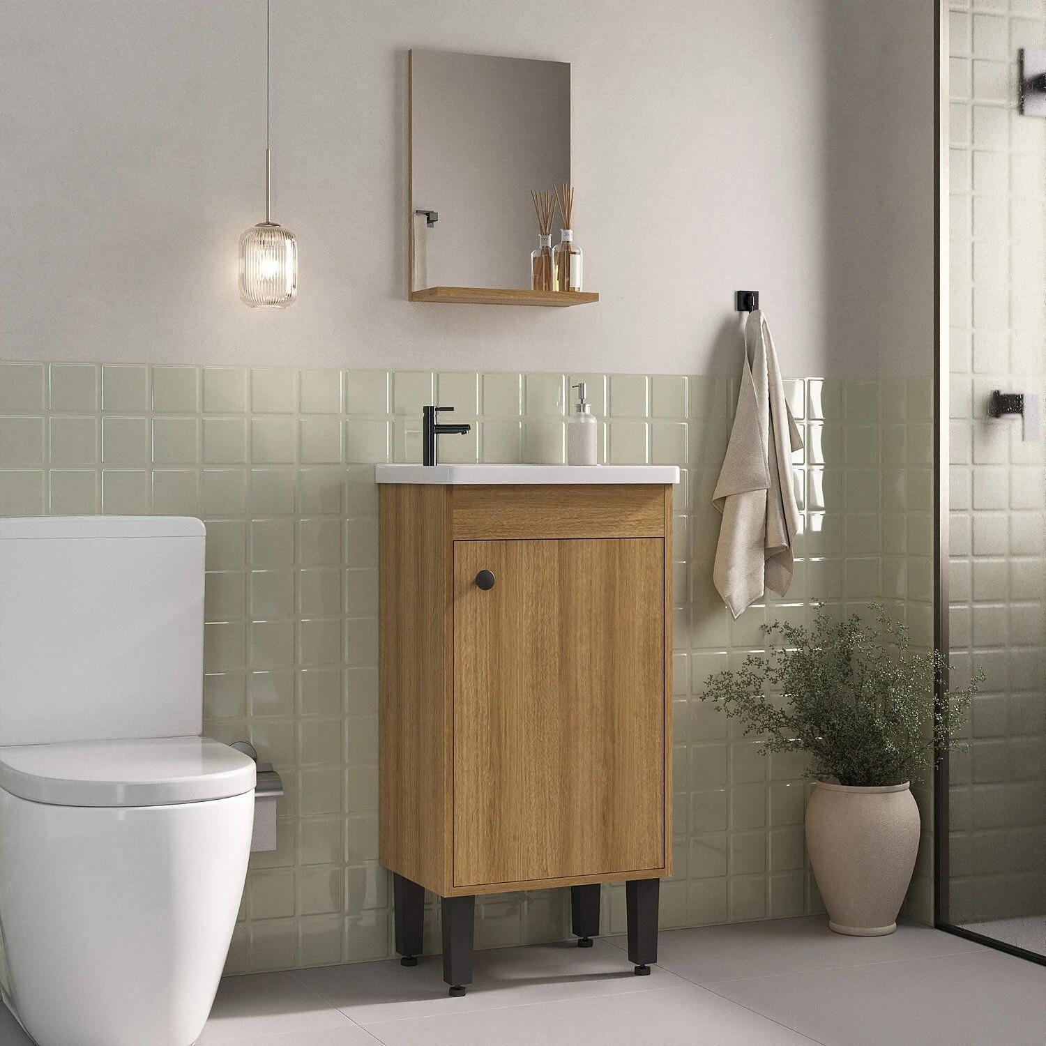 Conjunto de Baño con Gabinete, Lavamanos y Espejo, 1 Puerta, 45 cm, en Laminado Miel y Marrón