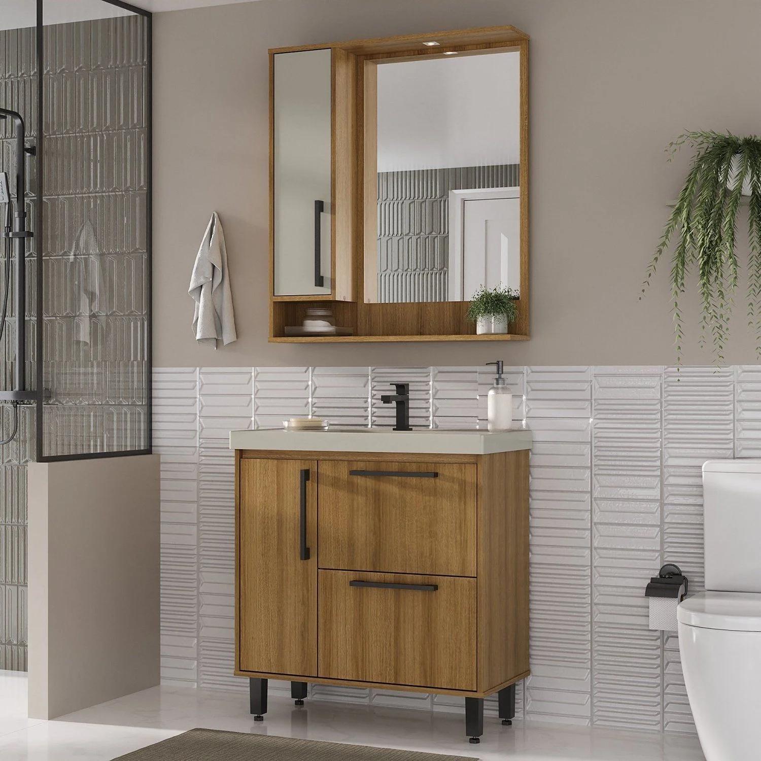 Conjunto de Baño con Gabinete, Lavamanos y Espejo con LED, 2 Puertas y 1 Cajón, 80 cm, en Marrón y Laminado Miel