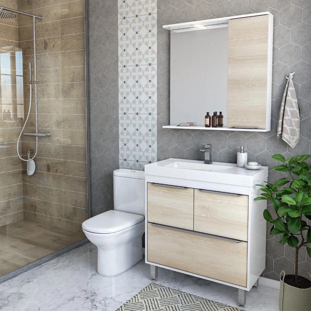 Conjunto de Baño con Gabinete, Lavamanos, Espejo y LED, 80 cm, en Blanco y Madera Crema