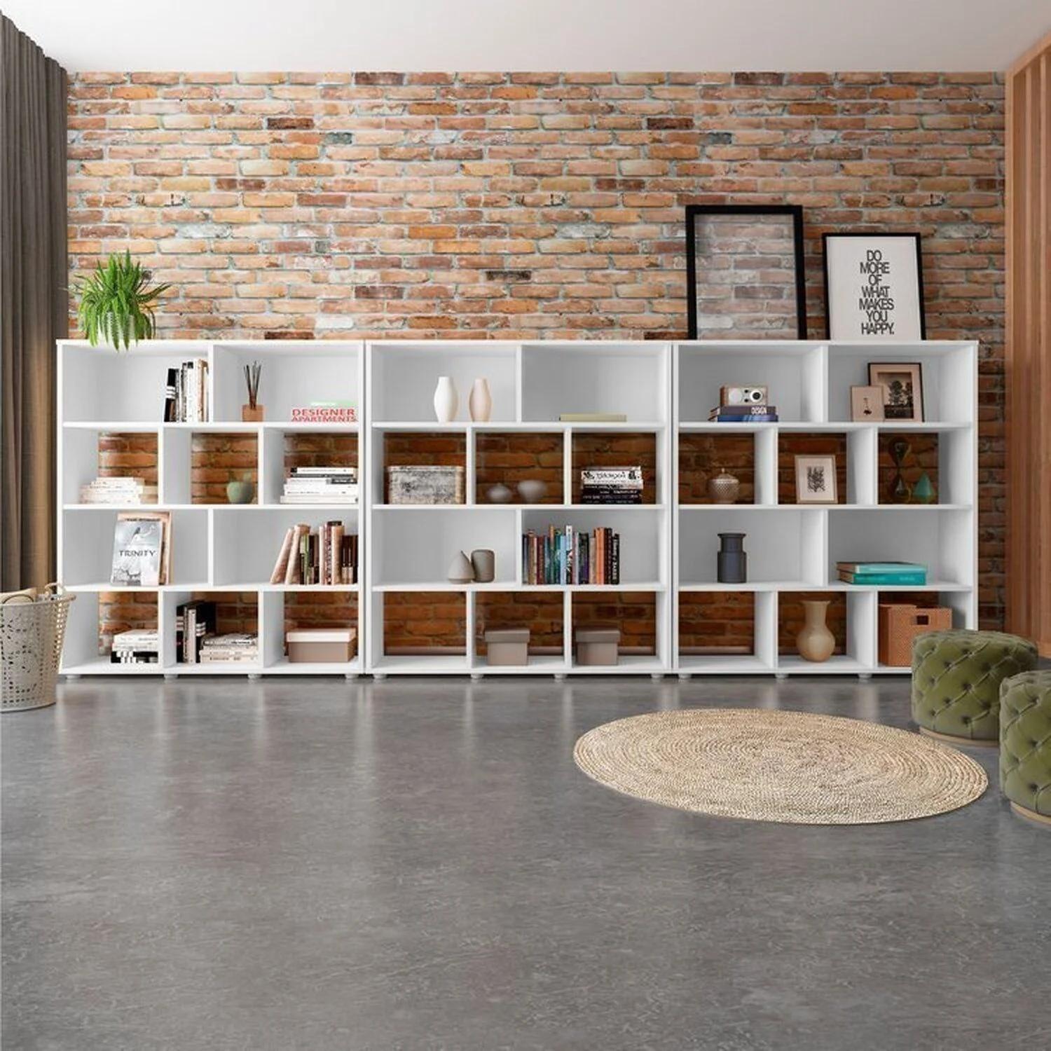 Conjunto de 3 Estanterías Librero con Varios Nichos - Blanco