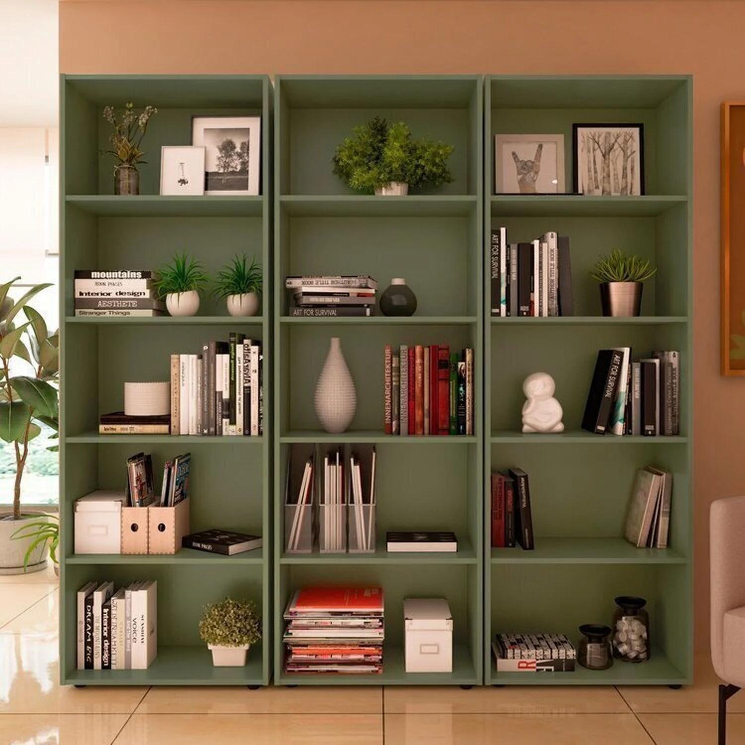 Conjunto de Sala con 3 Estanterías para Libros y 5 Repisas - Verde Menta