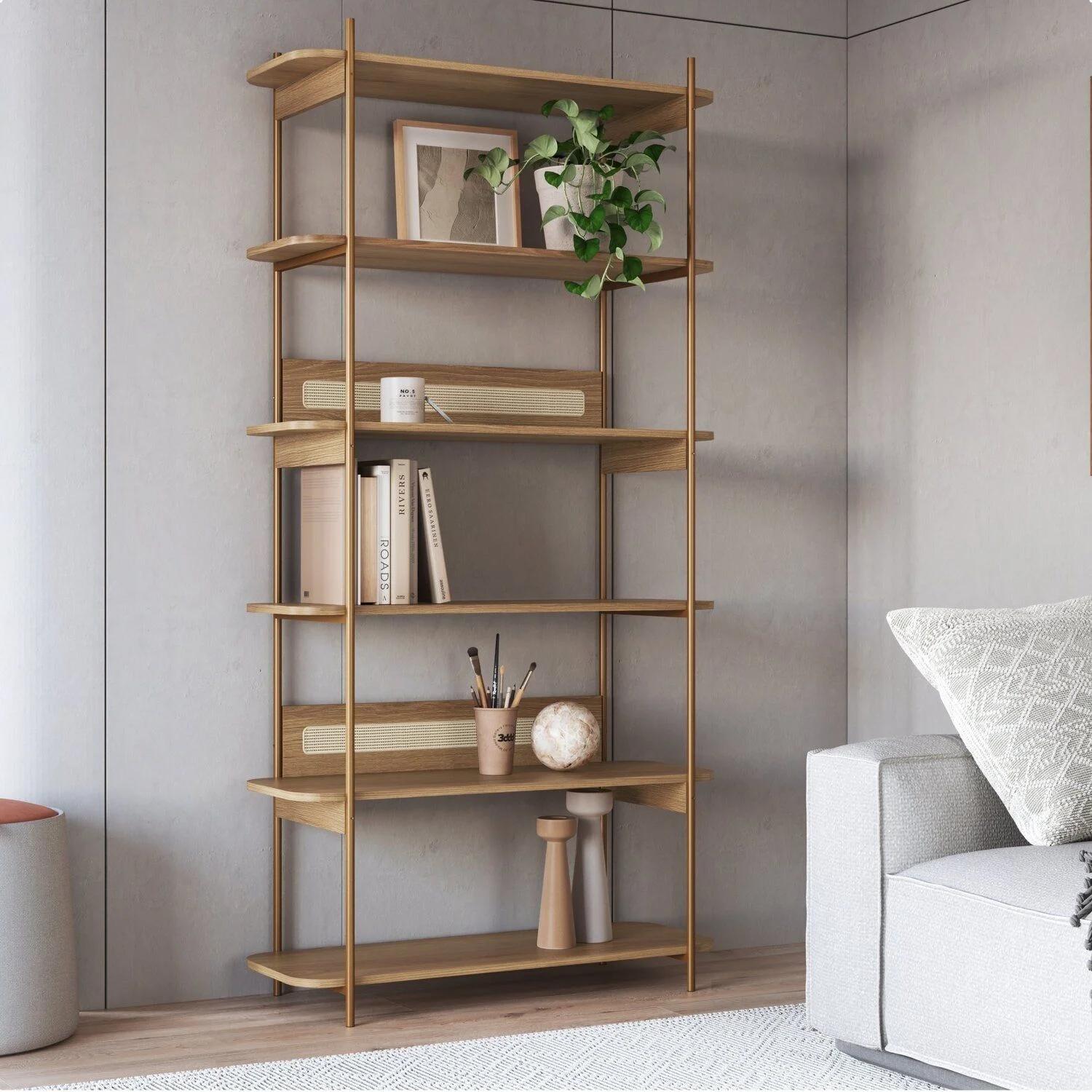 Estantería con 6 Repisas Estilo Rattan y Base de Metal - Beige/Dorado