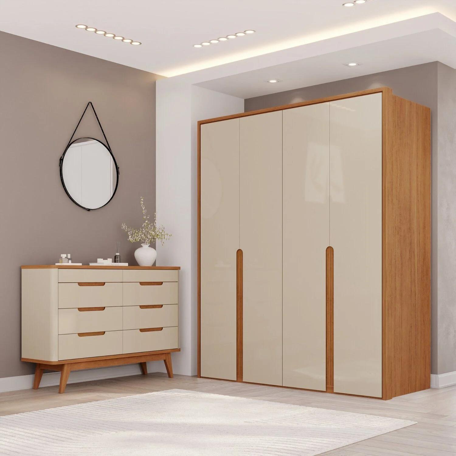 Conjunto Clóset 4 Puertas 3 Cajones con Cómoda 8 Cajones y Cubierta Blanco Hueso y Cedro