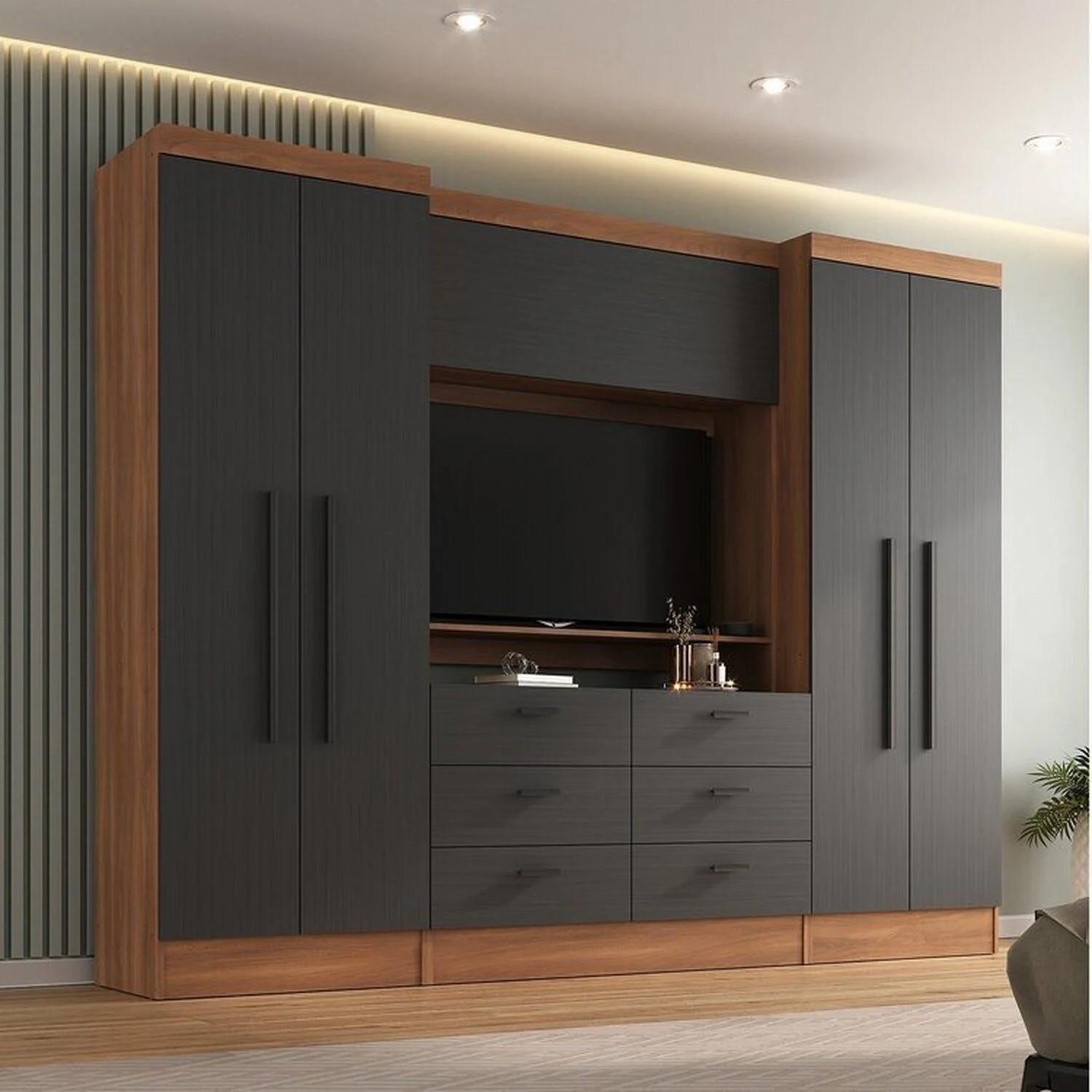 Conjunto Clóset Modular 4 Puertas 6 Cajones 3 Piezas Gris, Nogal y Grafito
