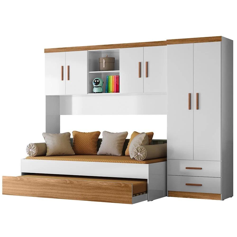 Dormitorio Infantil con Clóset Aéreo 4 Puertas y Litera Natural y Blanco