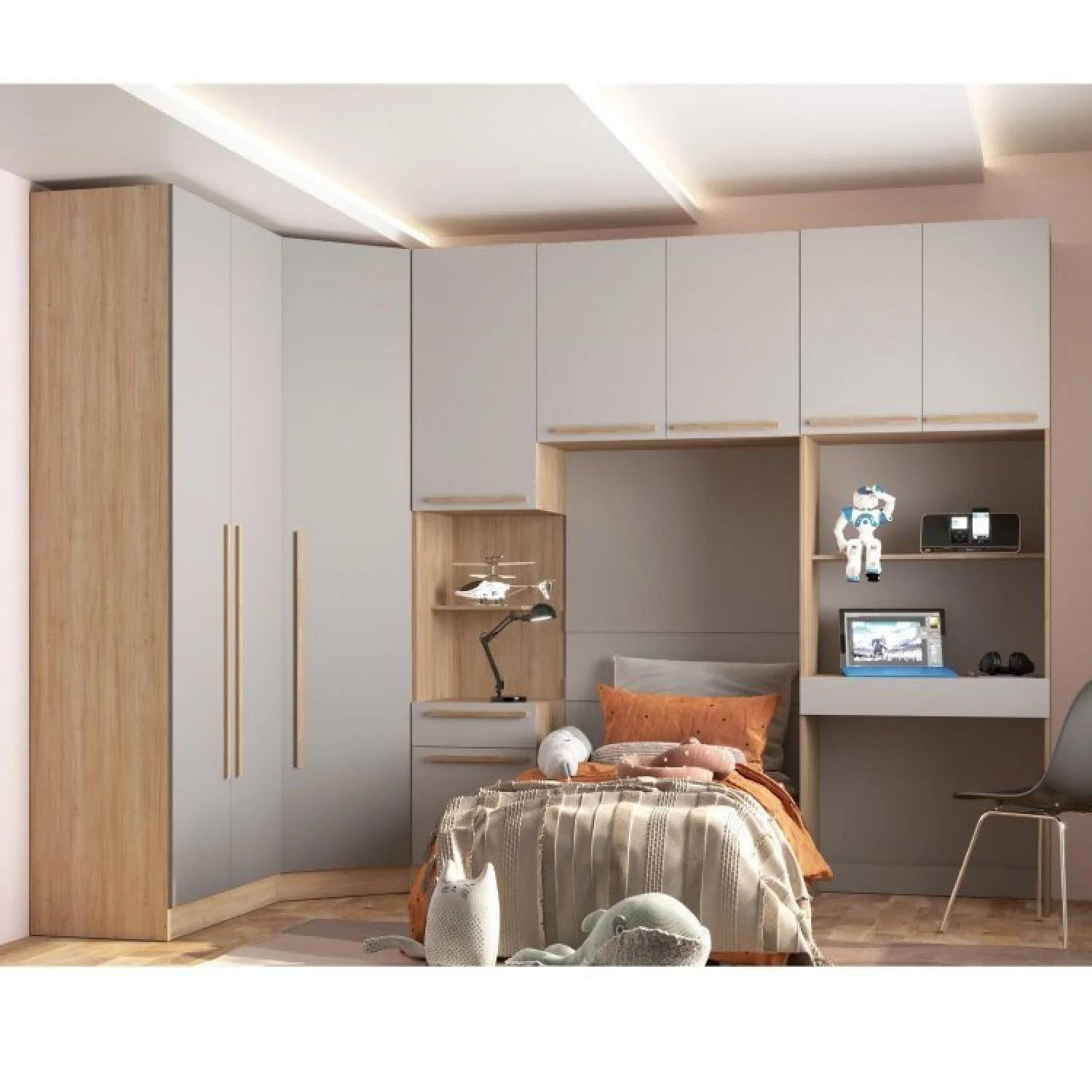 Dormitorio Modular de 5 Piezas: 2 Roperos, 1 Velador y 2 Módulos Beige, Roble y Gris Urbano