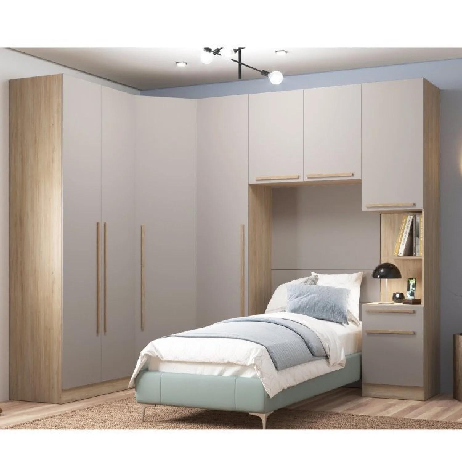 Dormitorio Modular de 5 Piezas: 3 Roperos, 1 Velador y 1 Módulo Puente Beige, Roble y Gris Urbano