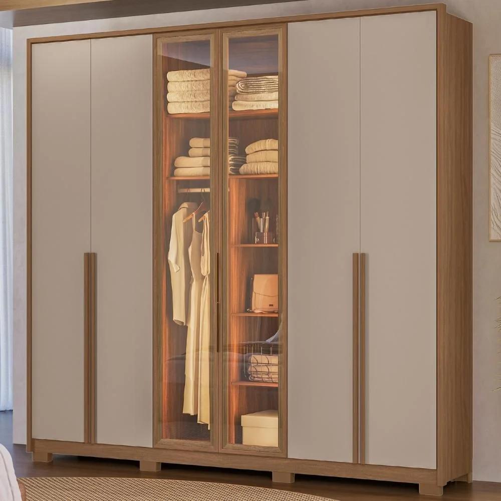 Clóset 6 Puertas con Vidrio y Luz LED Roble Marrón