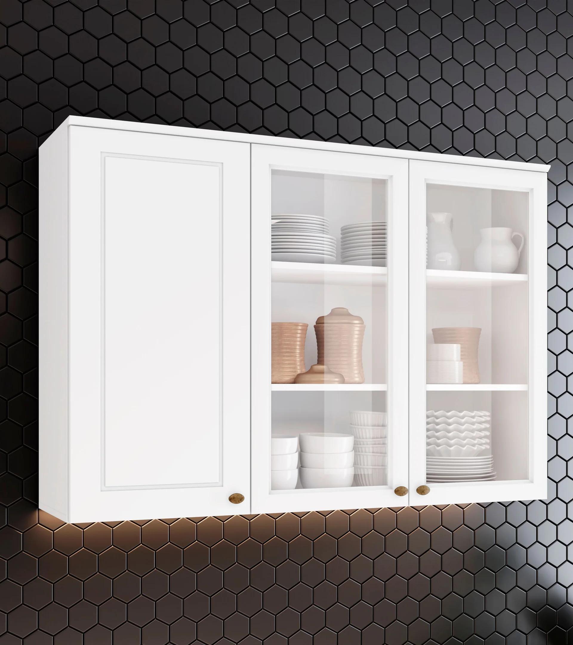 Armario Aéreo de Cocina Estilo Americana 120 cm Blanco, 3 Puertas con Vidrio Templado