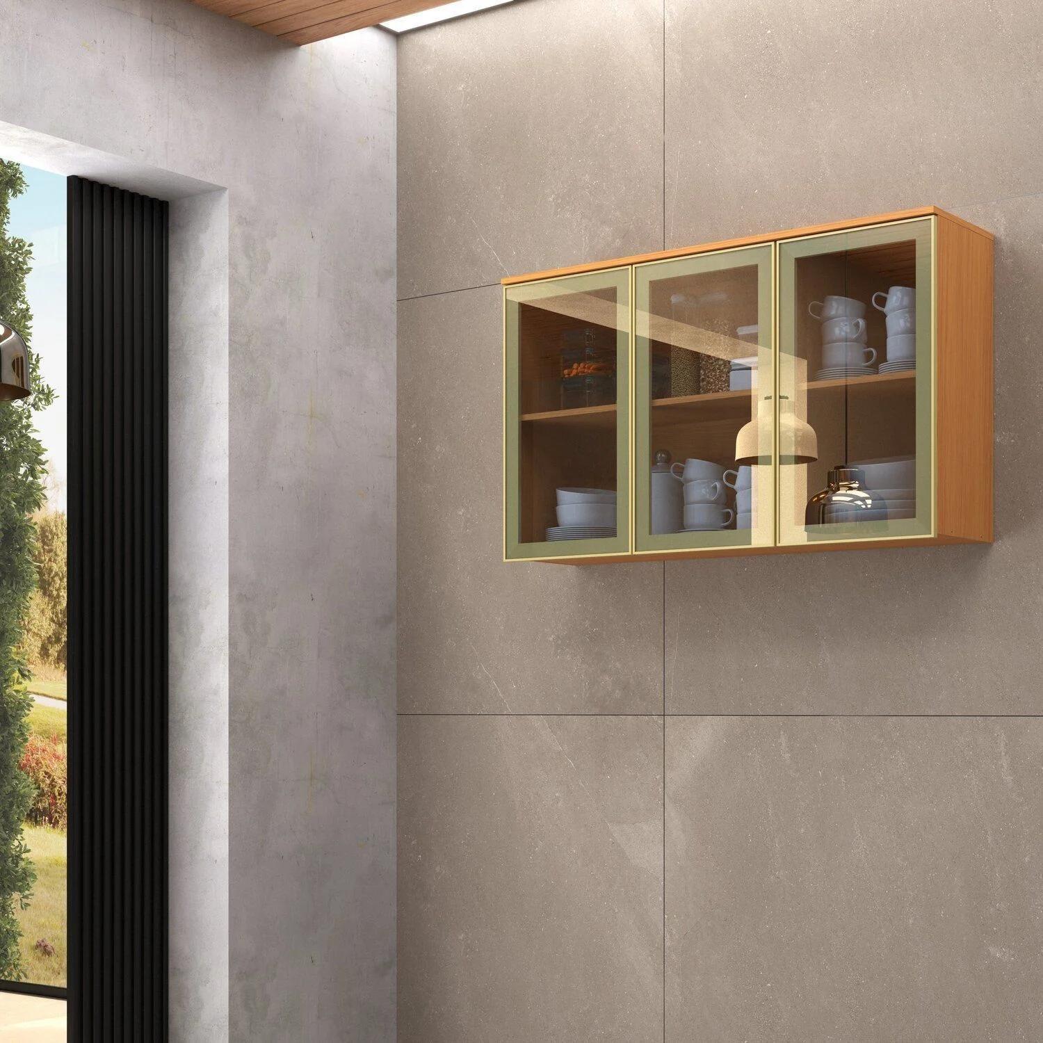 Armario Aéreo de Cocina 3 Puertas de Vidrio 120 cm Naranja