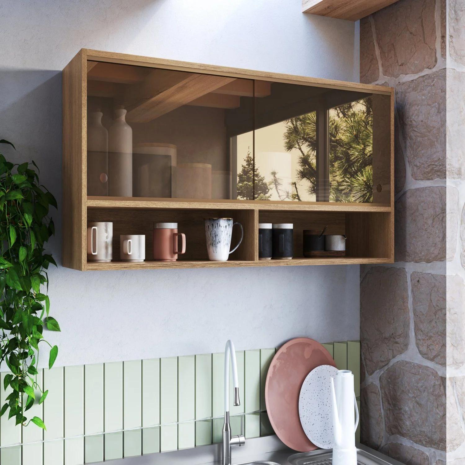 Armario Aéreo Modular de Cocina 2 Puertas y 2 Nichos con Vidrio, 120 cm, Beige/Miel