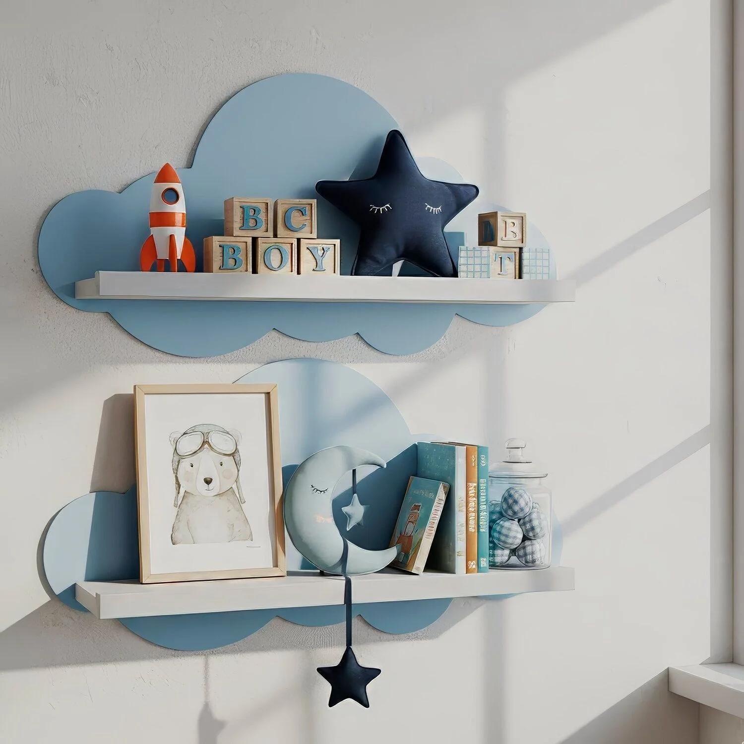 Kit de 2 Repisas para Dormitorio Infantil en Forma de Nube, Azul/Blanco