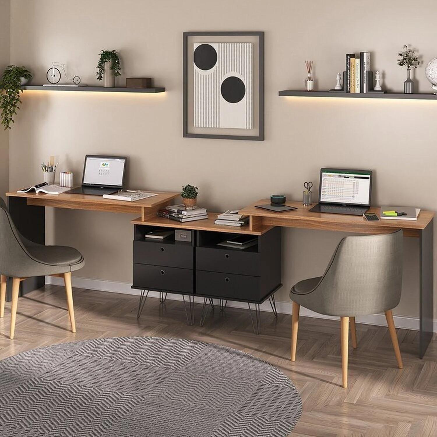 Conjunto de 2 Escritorios 287 cm Tono Madera y Negro