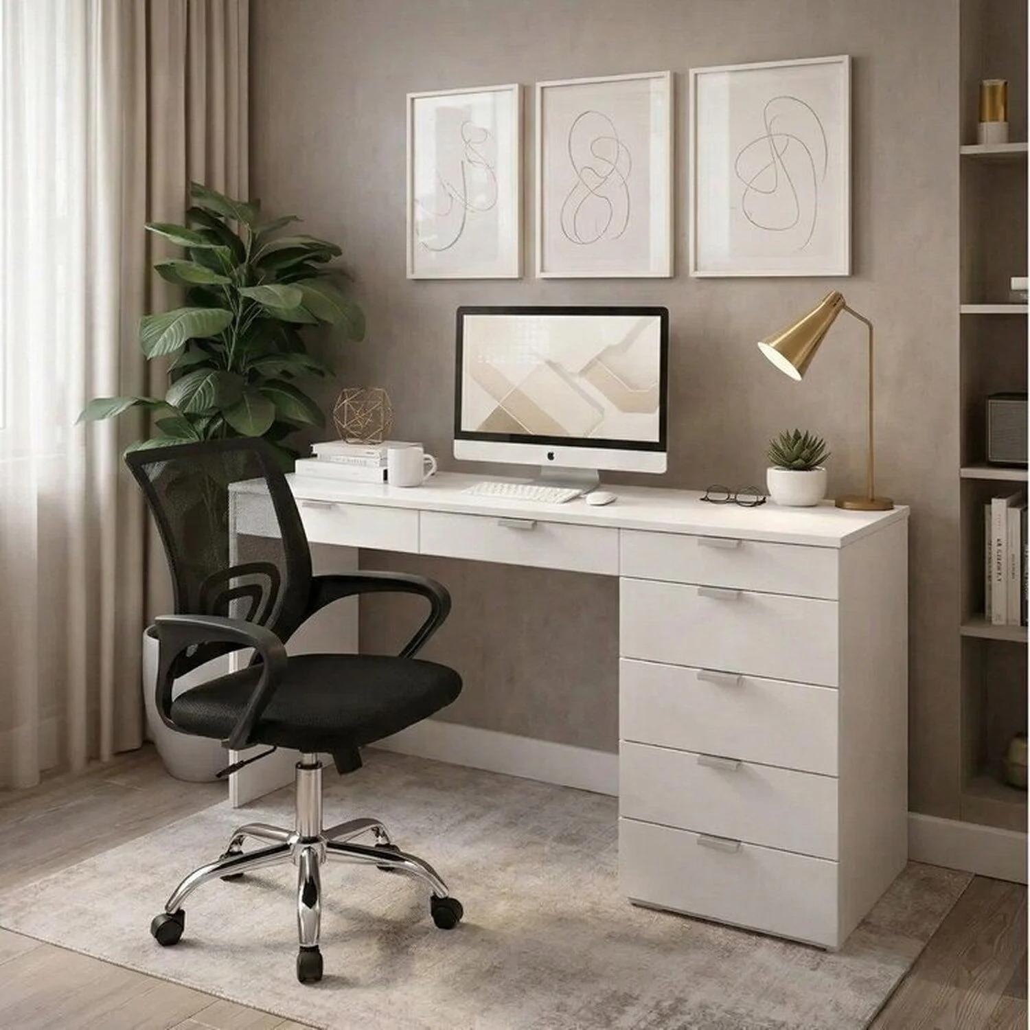 Conjunto de Escritorio con 7 Cajones y Silla Giratoria en Blanco y Negro
