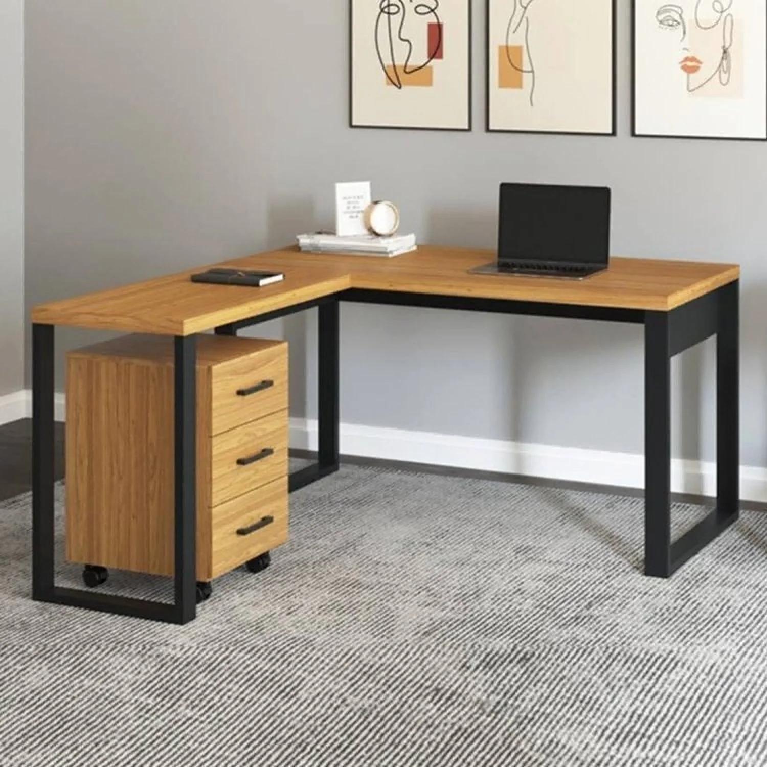 Conjunto de Escritorio en L con Cajonera de 3 Cajones Estilo Industrial