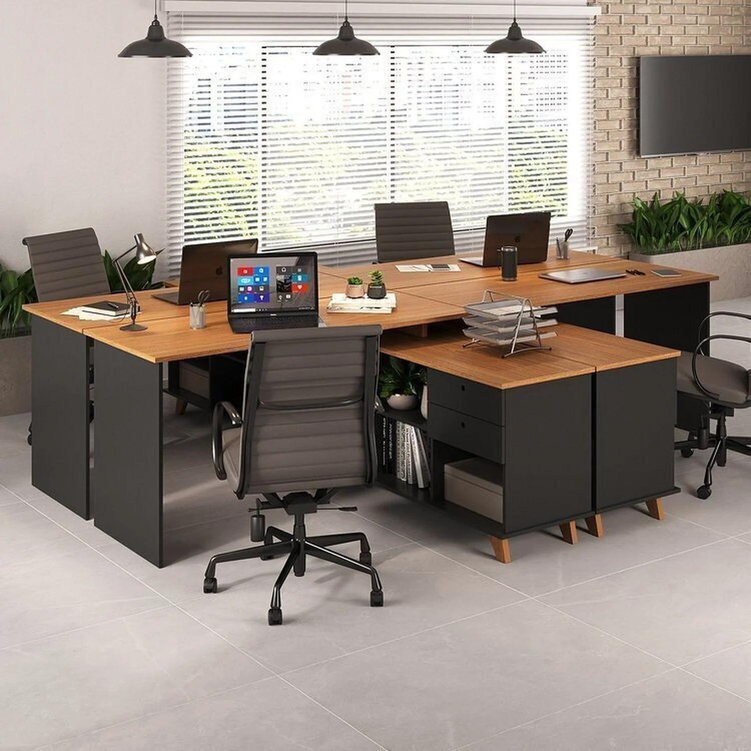 Escritorio en L con 5 Nichos Estilo Retro en Tono Madera y Negro