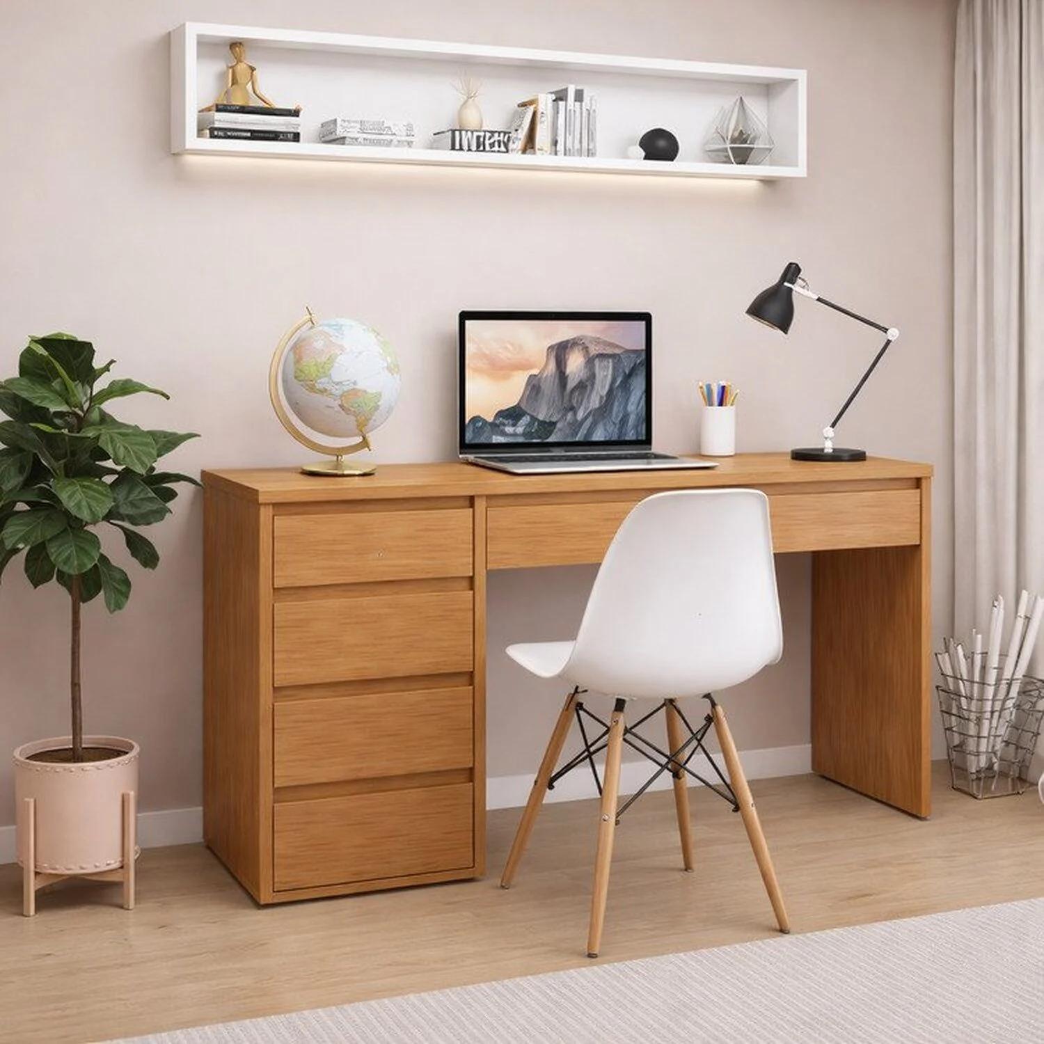 Conjunto de Escritorio con Silla Estilo Eames Base de Madera en Marrón y Blanco