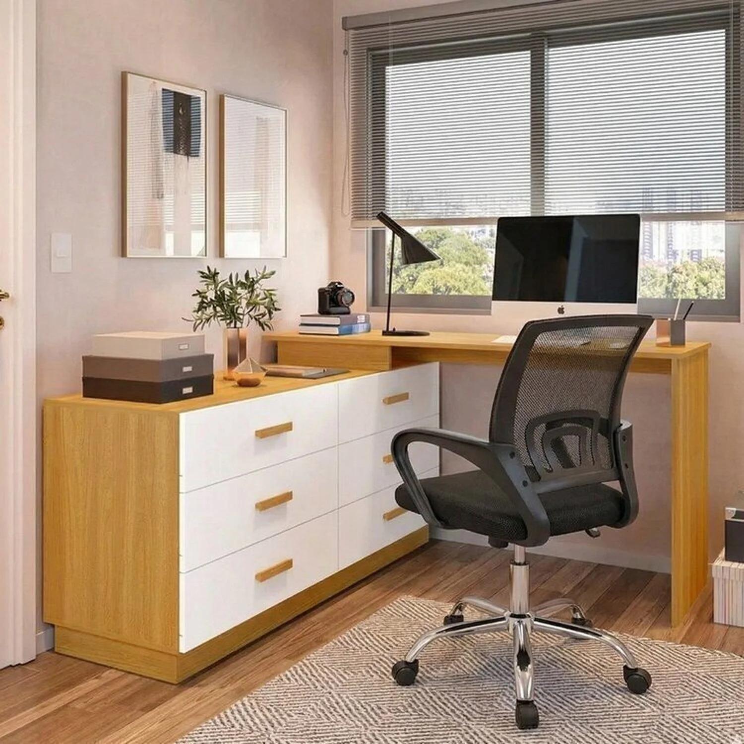 Conjunto de Escritorio con Cómoda y Silla Gerencial Tapizada en Marrón