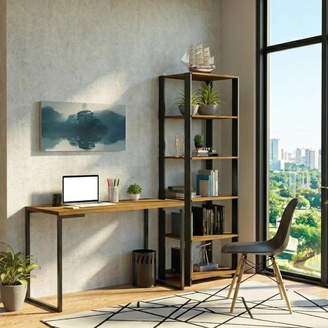 Conjunto de Escritorio Industrial con Estantería en Negro y Rústico