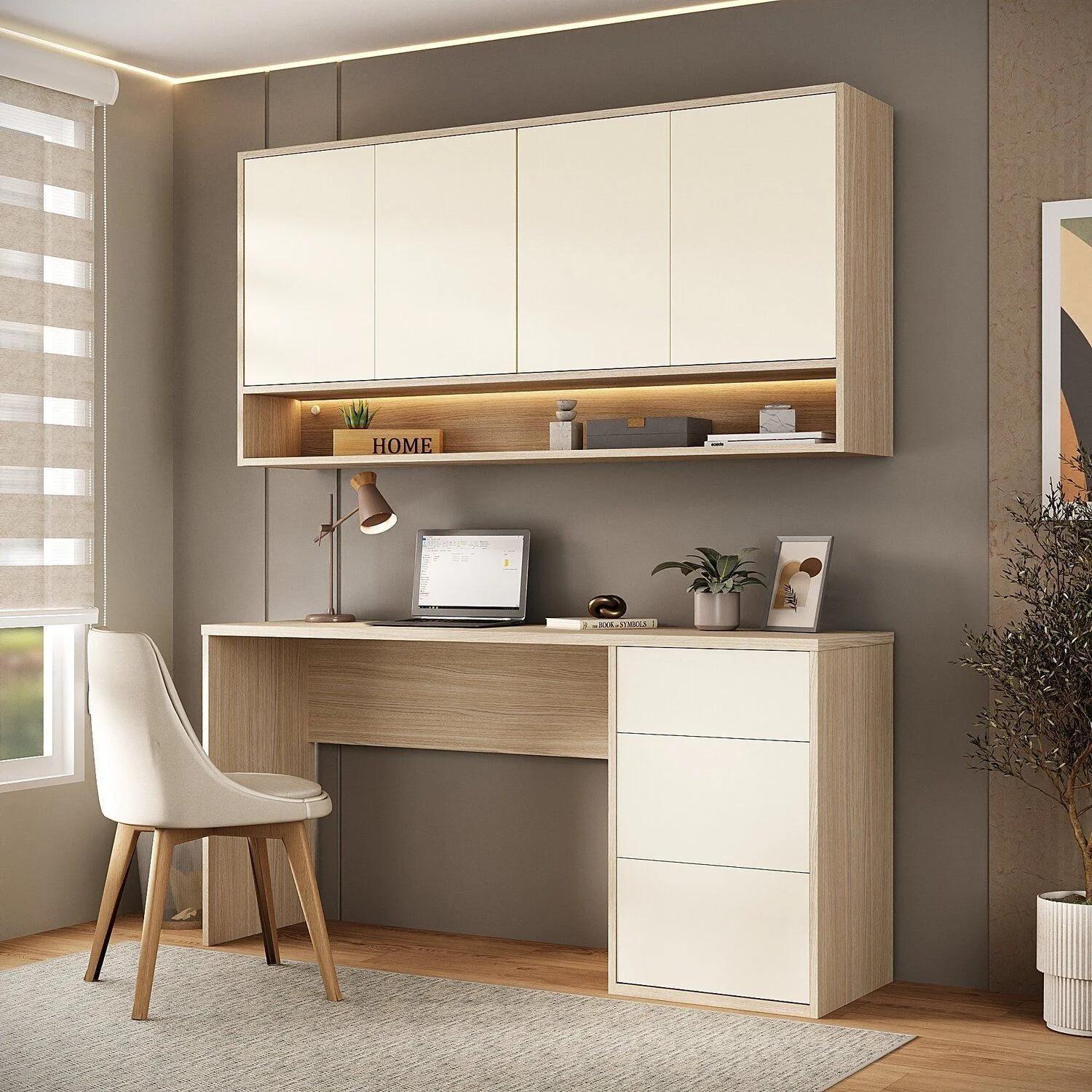 Conjunto de Escritorio con 3 Cajones, Armario Aéreo de 4 Puertas y Nicho con Luz LED en Beige y Arcilla