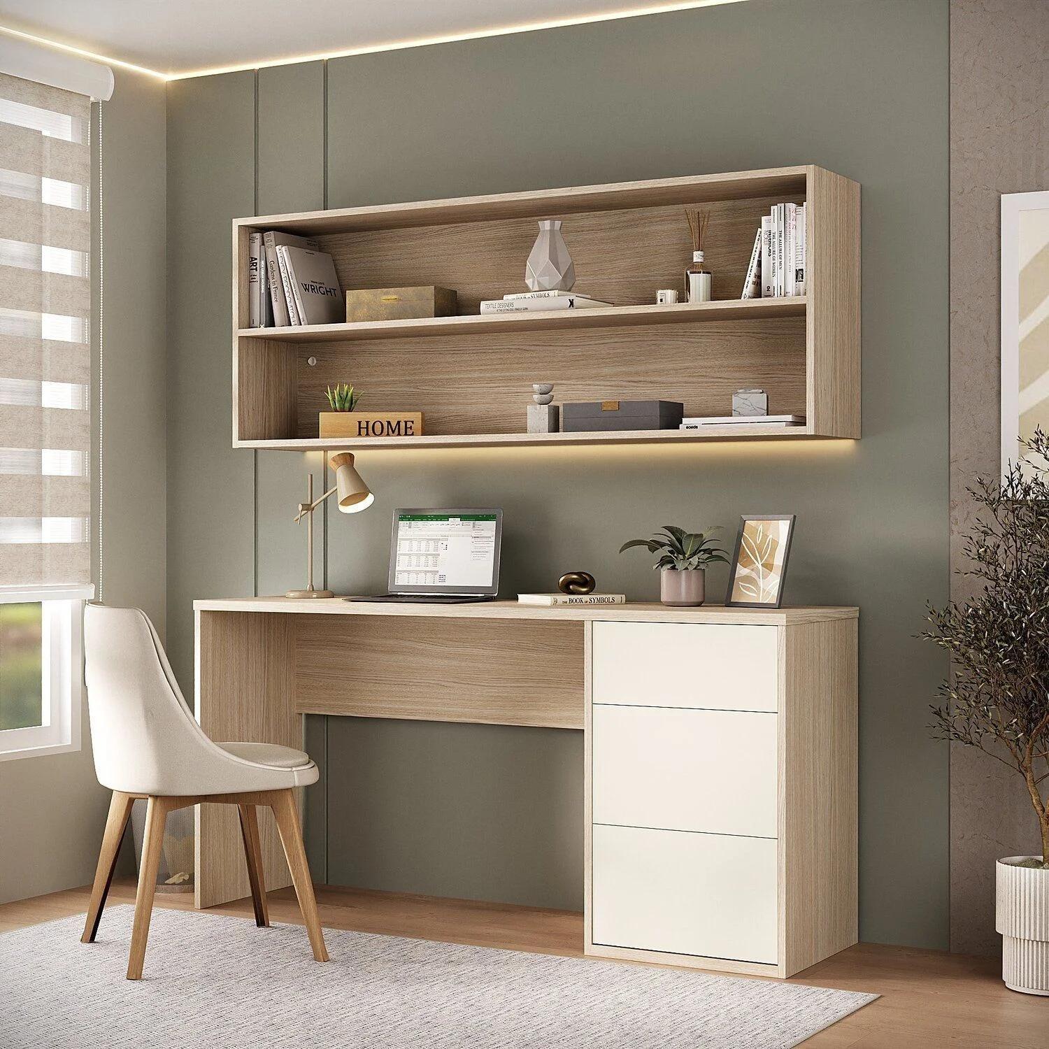 Conjunto de Escritorio con 3 Cajones, Armario Aéreo, 2 Nichos y Luz LED en Beige y Arcilla