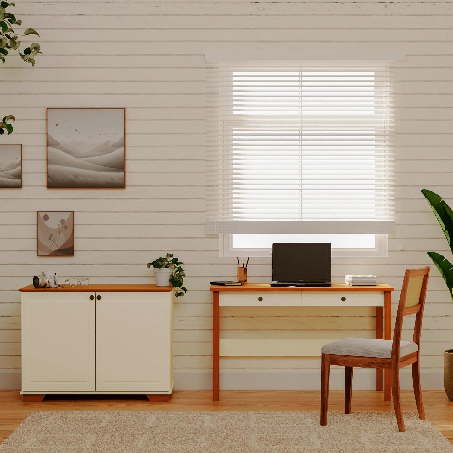 Conjunto de Escritorio con Armario de 2 Puertas en Blanco Hueso y Miel