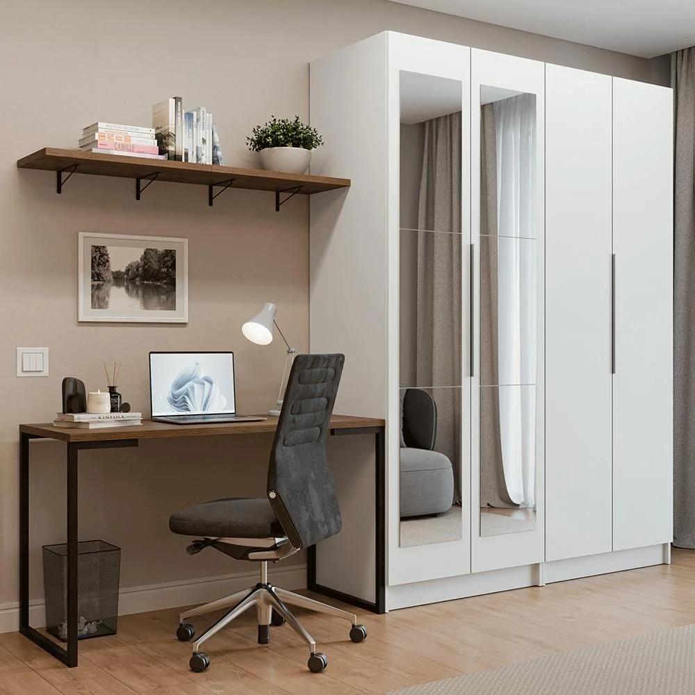 Conjunto de Home Office con 2 Armarios con Espejo, Escritorio y 2 Repisas en Blanco y Rústico