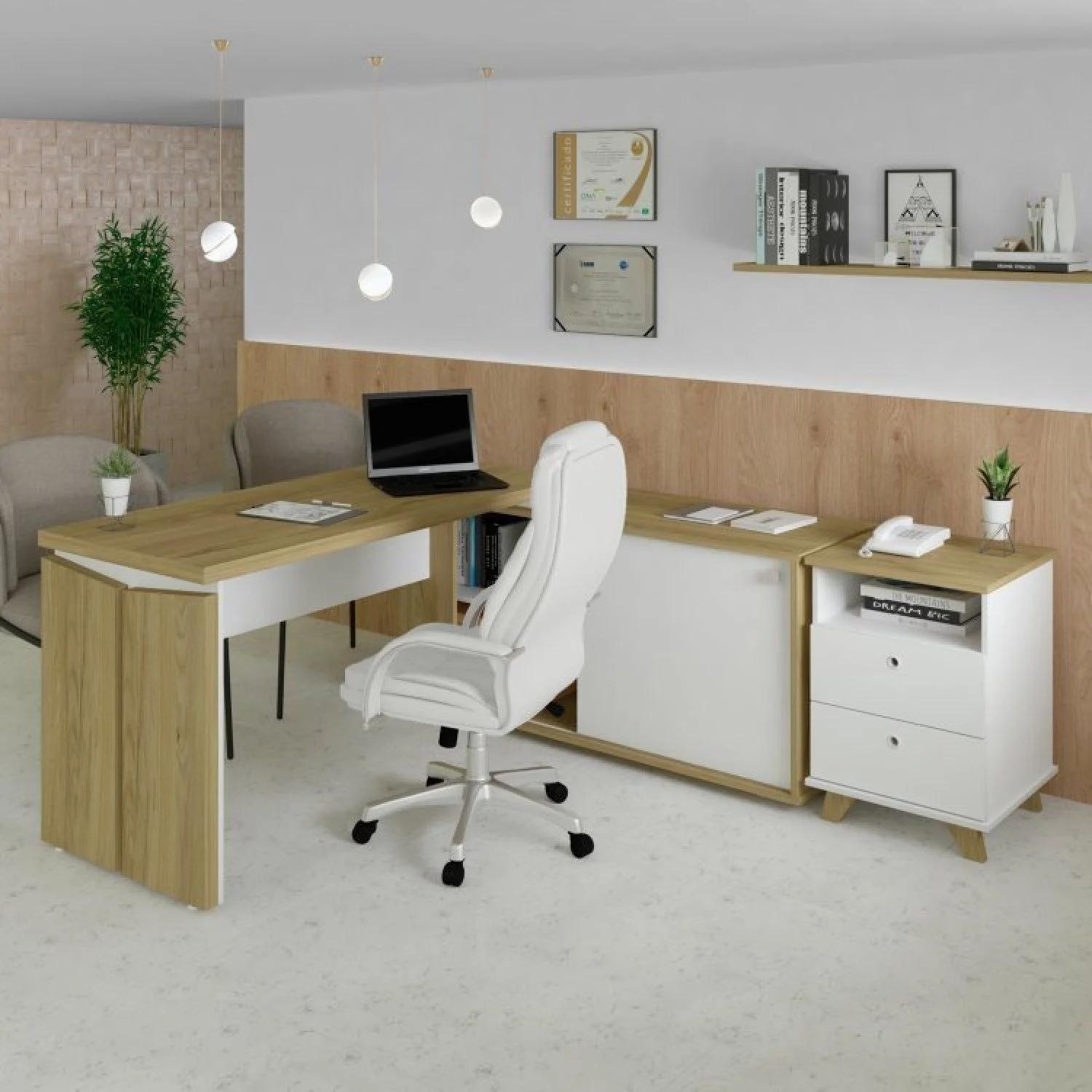 Conjunto de Home Office con Escritorio en L y Cajonera de 2 Cajones en Olmo y Blanco