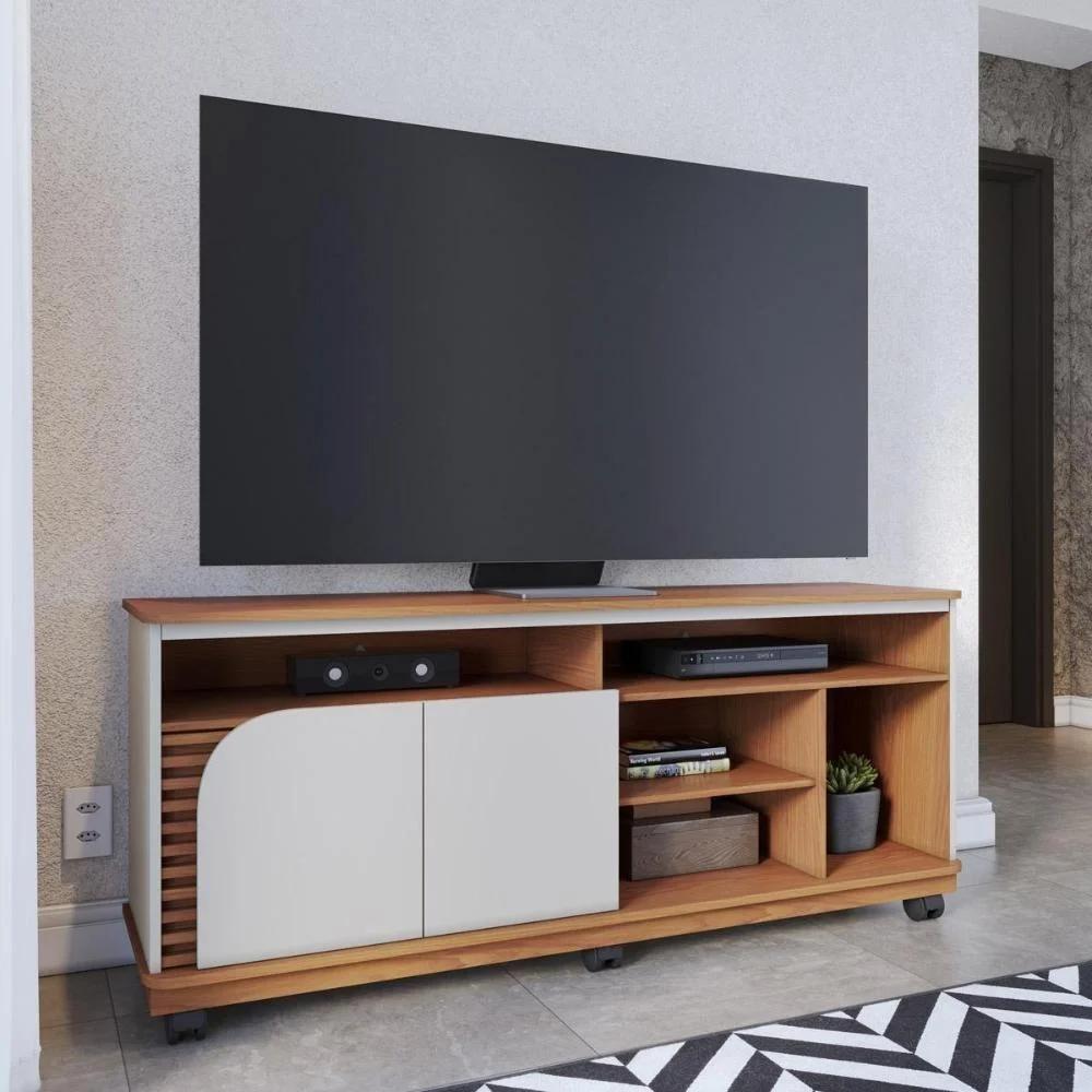 Rack para TV con 2 Puertas y Ruedas 150 cm en Blanco Hueso y Tono Madera