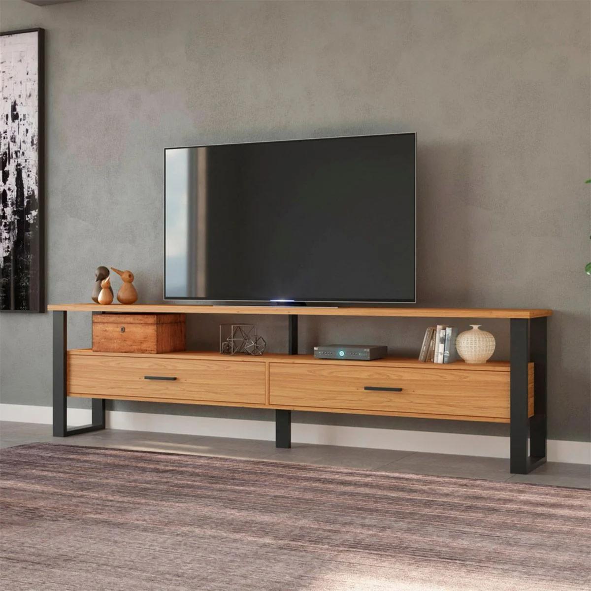 Rack para TV 220 cm Estilo Industrial en Tono Madera y Negro Mate