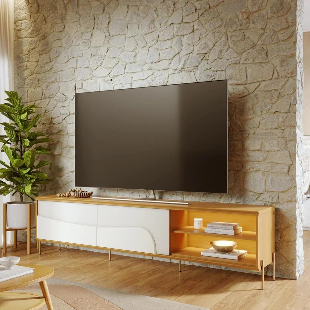 Rack para TV hasta 75 Pulgadas con Patas de Metal en Natural y Blanco Hueso Mate