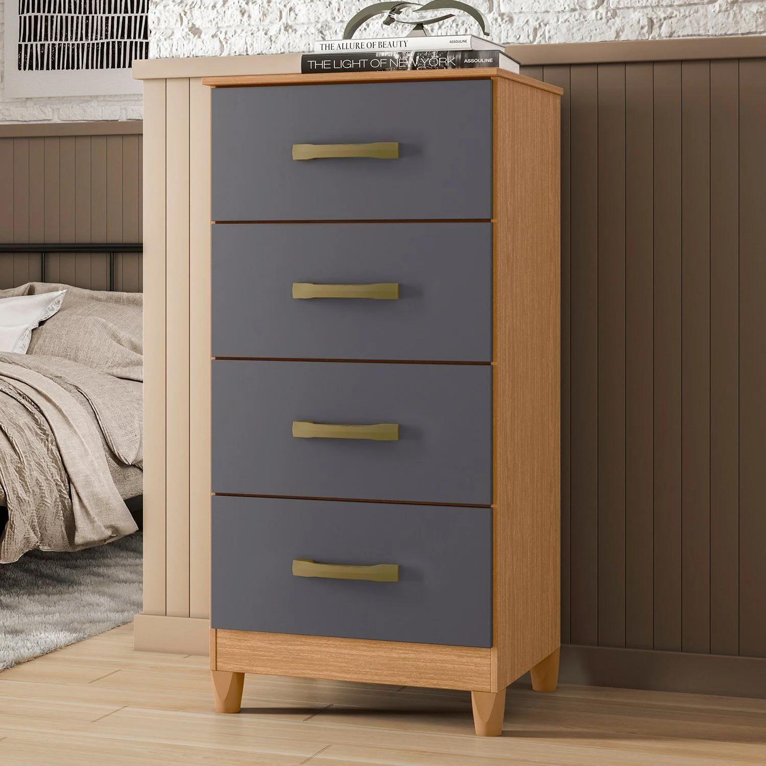 Velador Compacto para Dormitorio con 4 Cajones, Gris, Freijó y Titanio