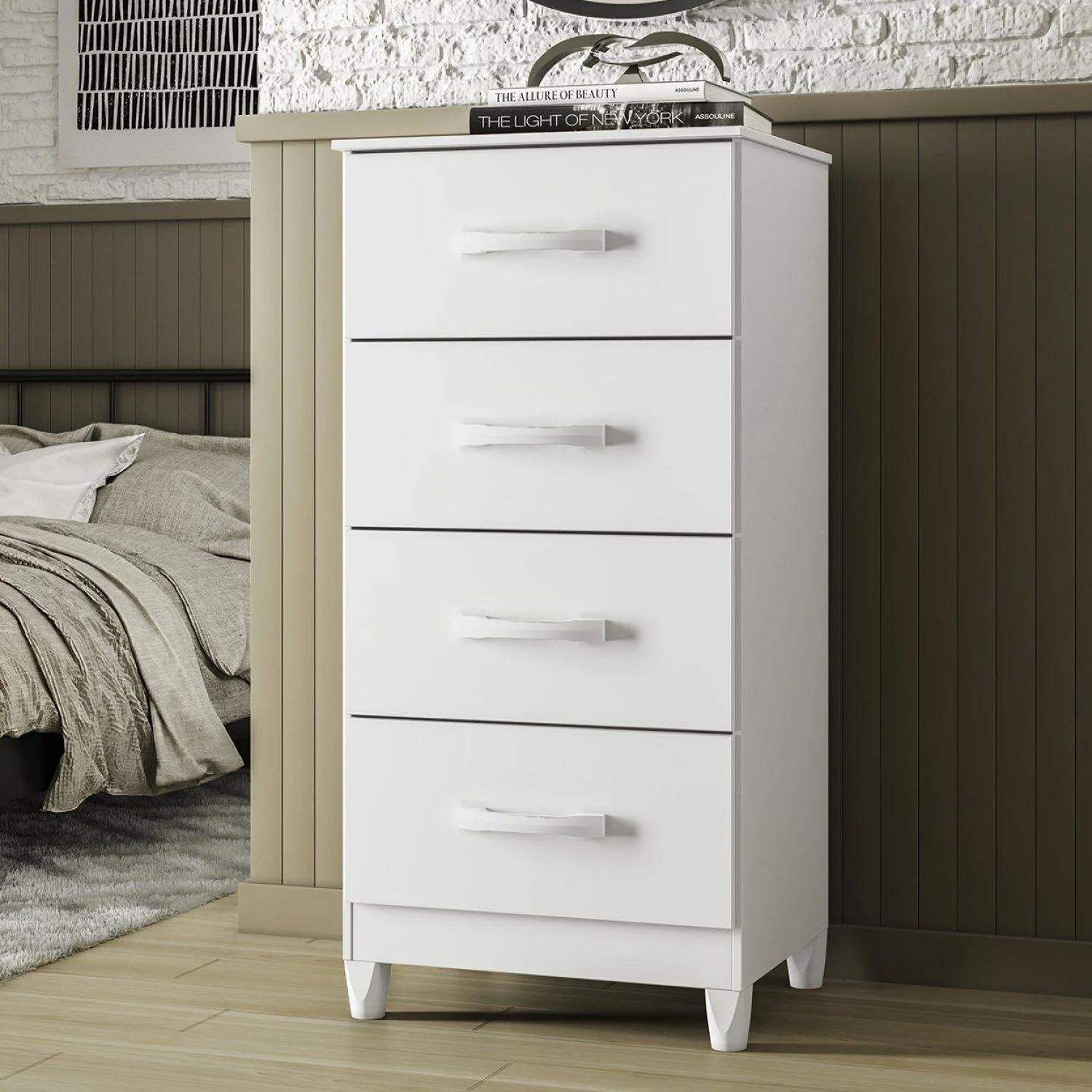 Velador Compacto para Dormitorio con 4 Cajones, Blanco y Rosado Mate