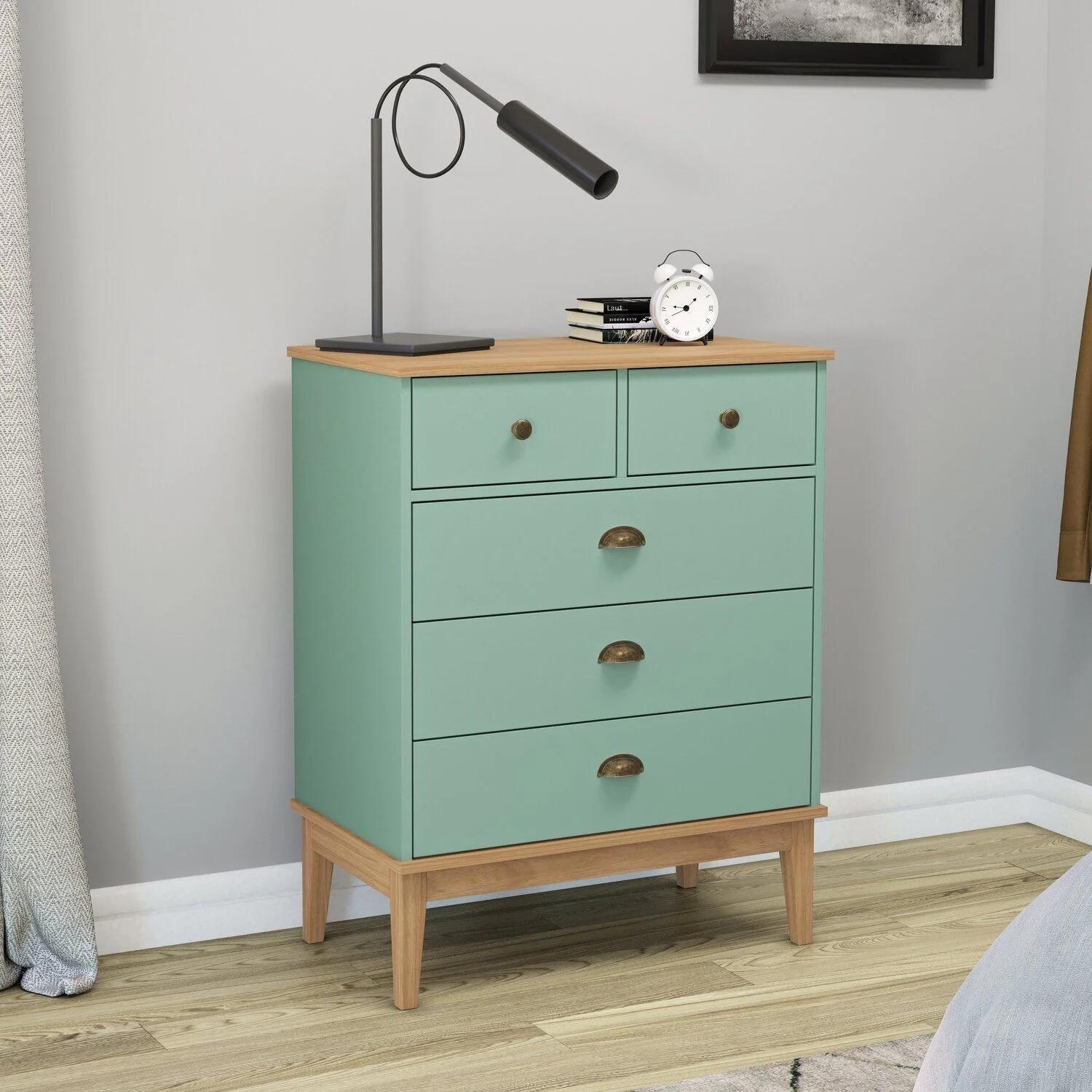 Velador Compacto para Dormitorio Estilo Colonial con 5 Cajones, Verde, Miel y Oliva
