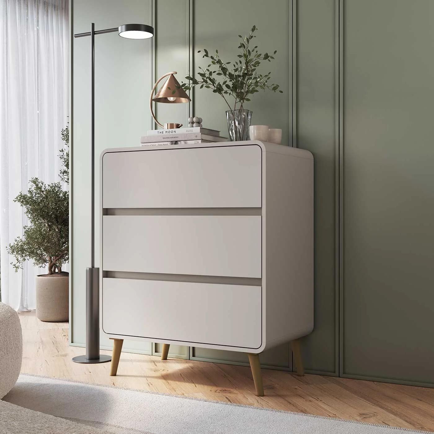 Velador Compacto con 3 Cajones, Beige
